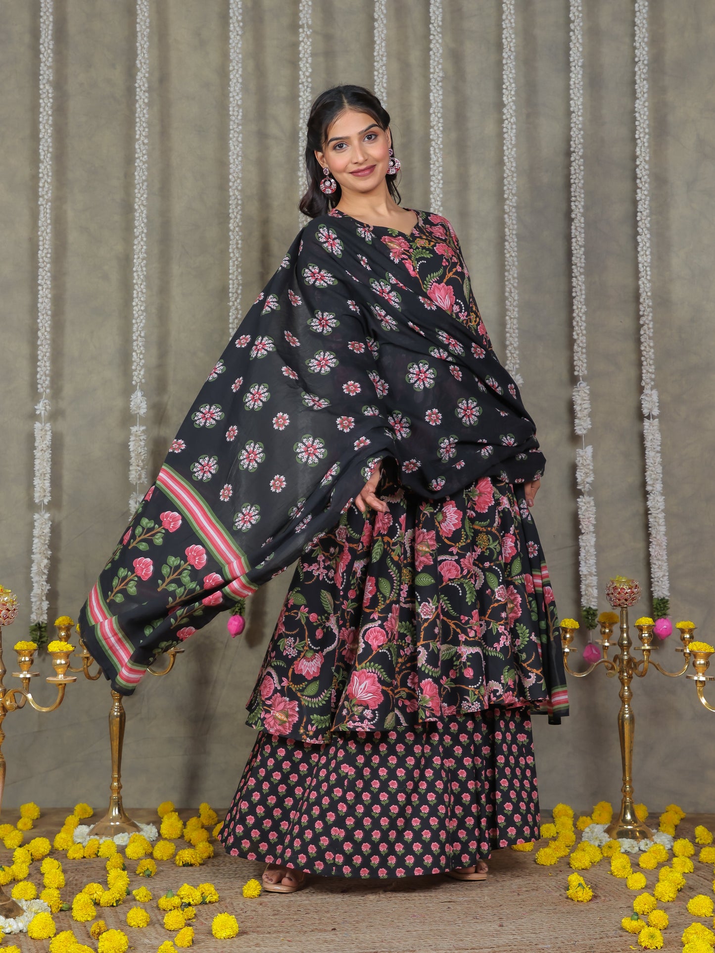 Cotton Voile Floral Black Dupatta