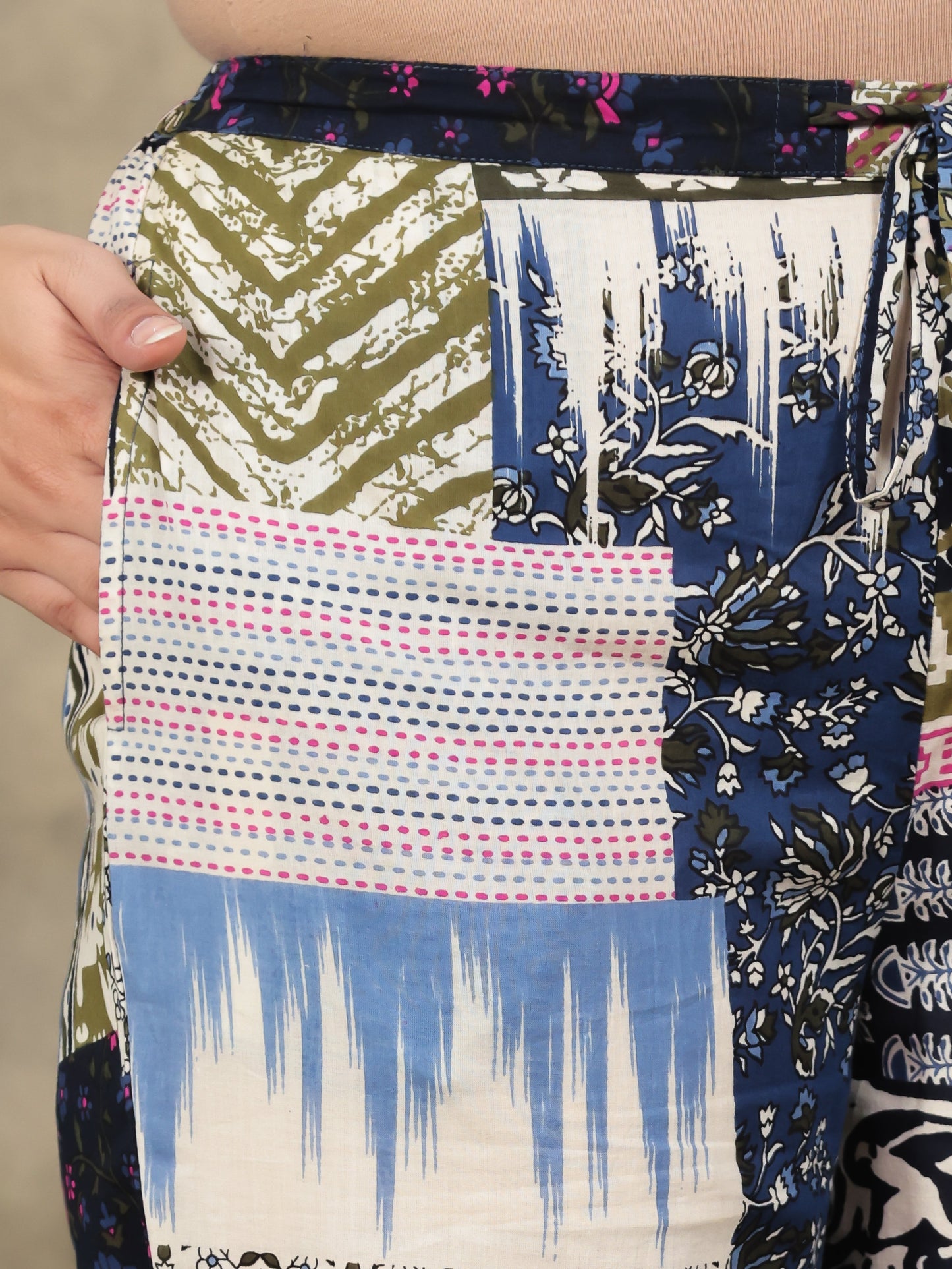 Soft Cotton Patchwork Blue Tapered Trousers