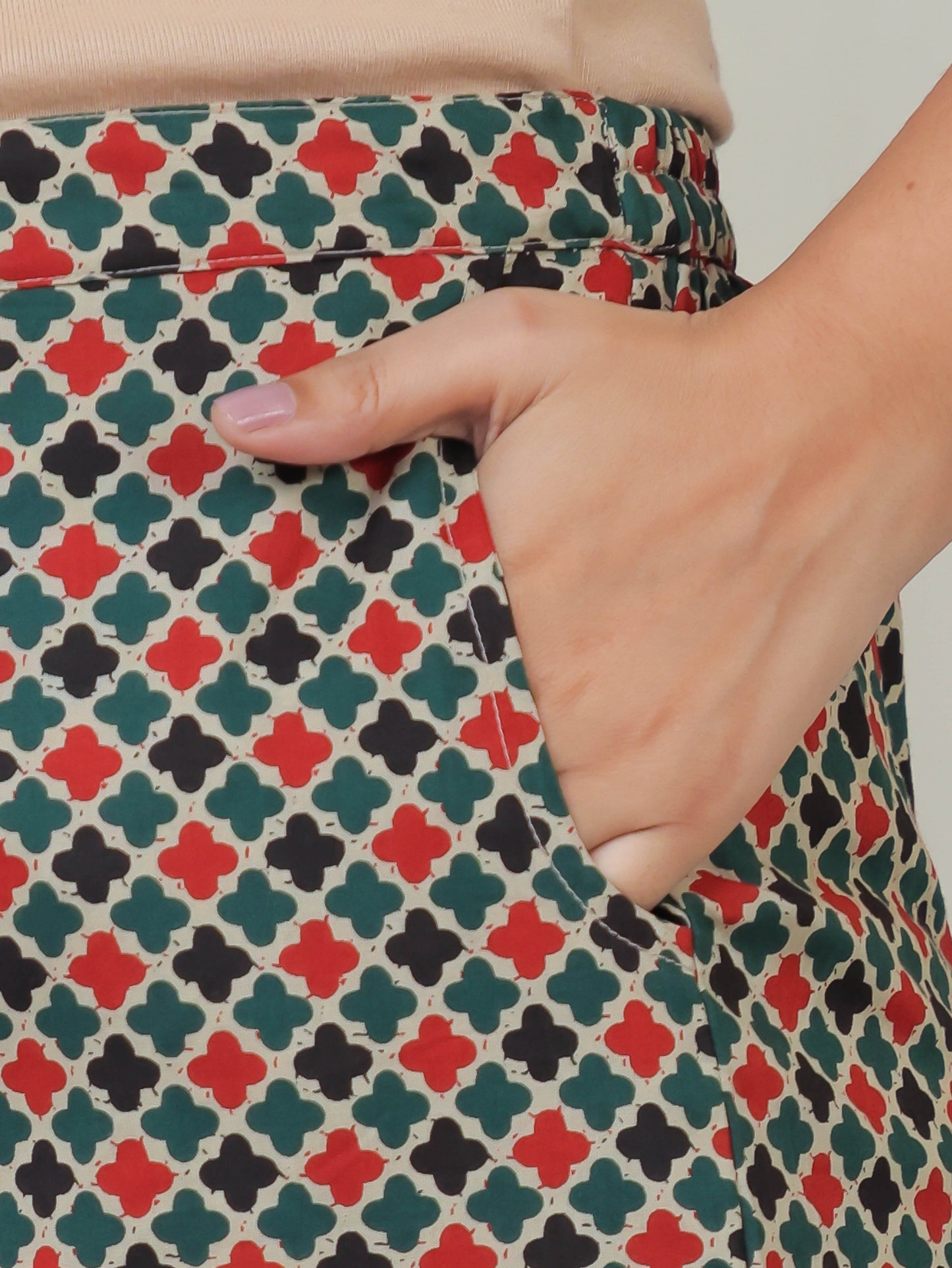 Soft Cotton Geometric Green Straight Trousers
