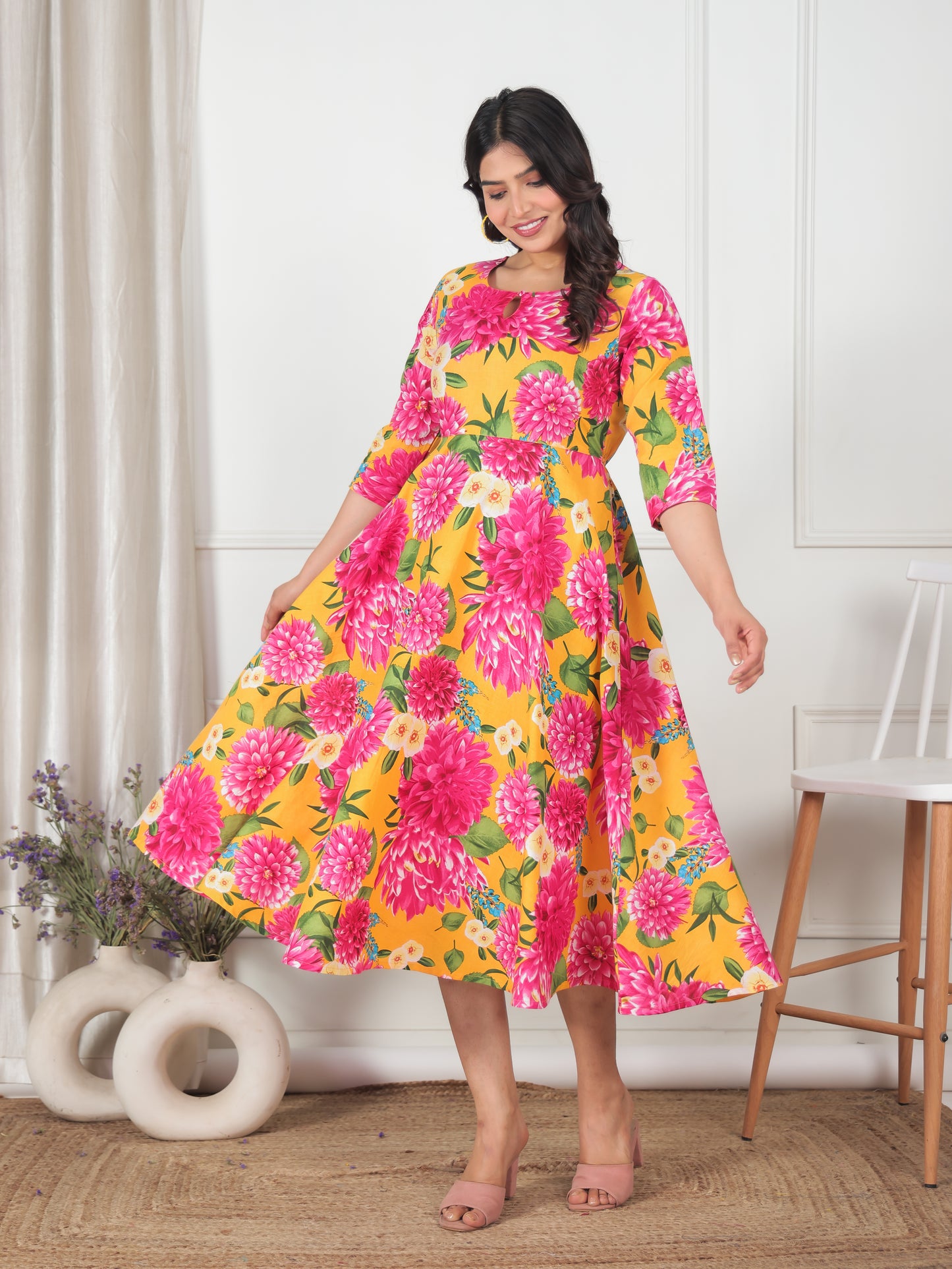 Soft Cotton Floral Anarkali Yellow Dress