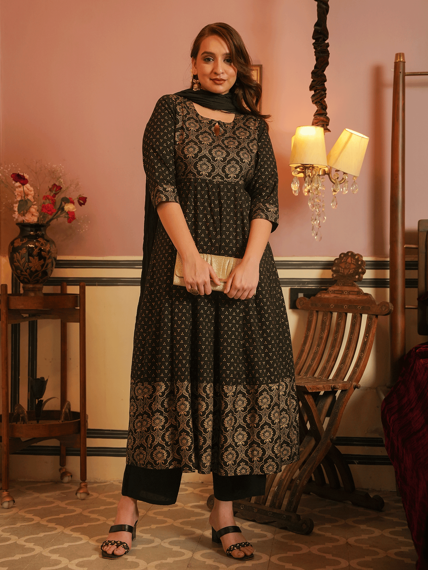 Soft Cotton Gold foil Anarkali Black Kurta