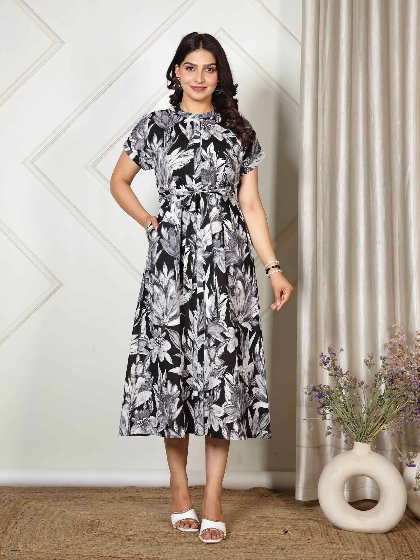 Soft Cotton Floral A-line Black Dress