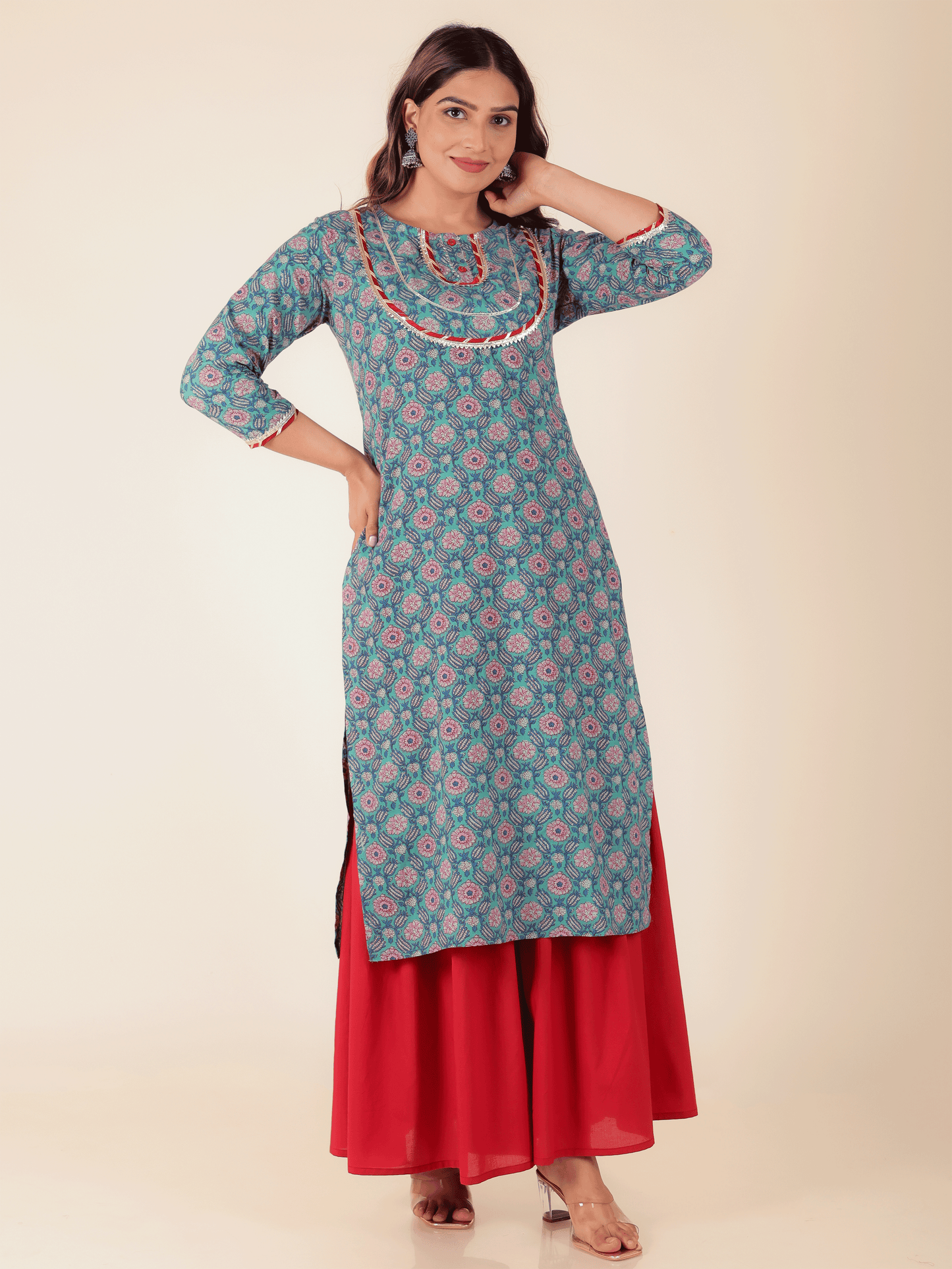Soft Cotton Floral Straight green Kurta