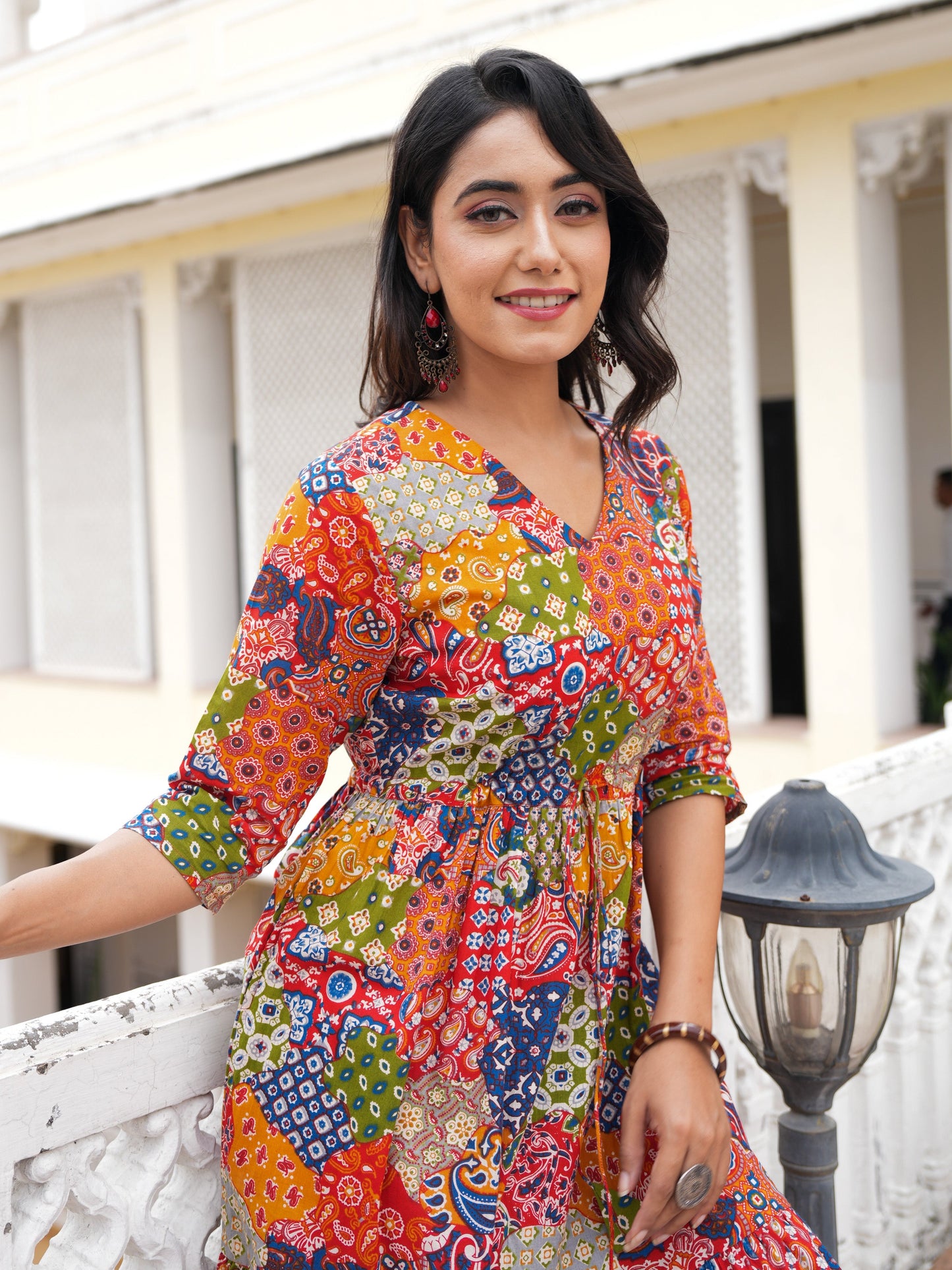 Soft Cotton Patchwork Flared Multicolor Dress