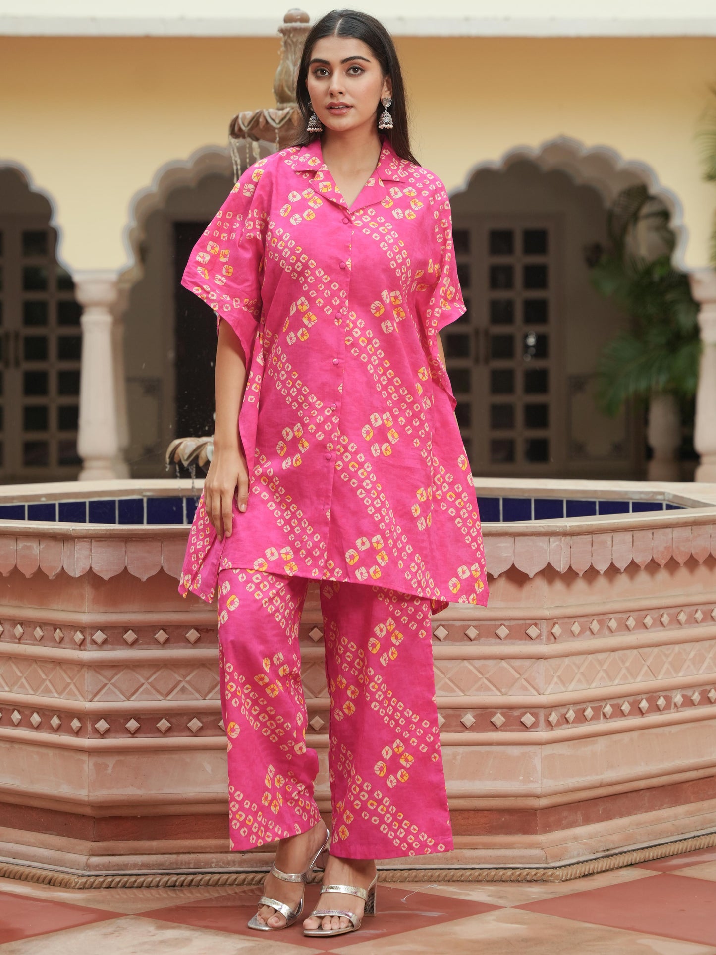 Soft Cotton Bandhani Kaftan Pink Kurta