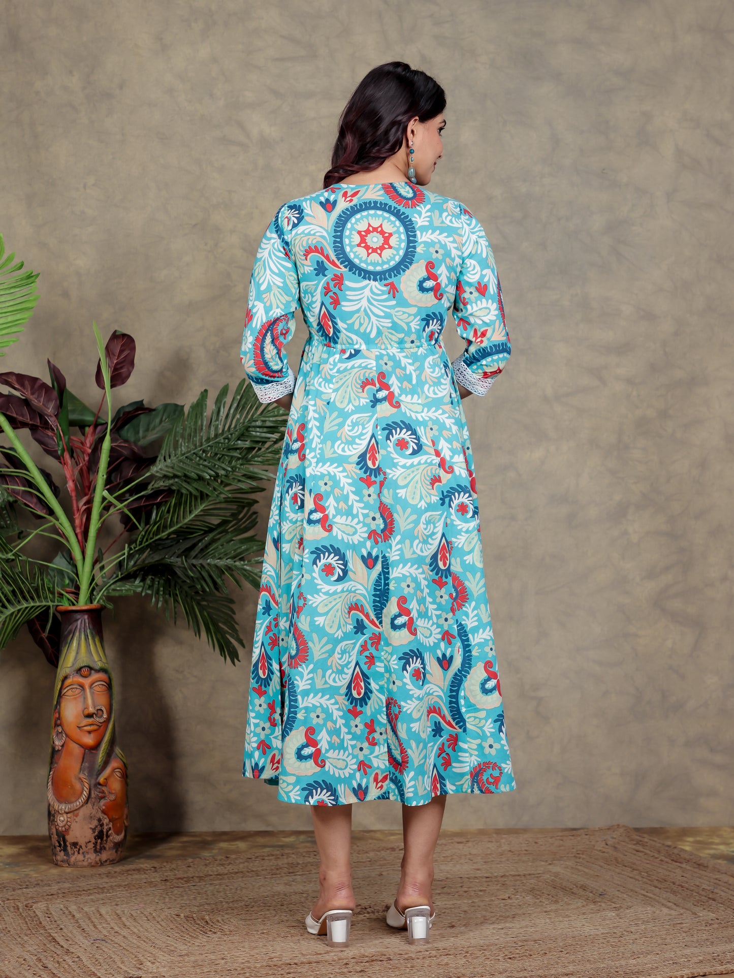 Soft Cotton Abstract Flared Turquoise Blue Dress