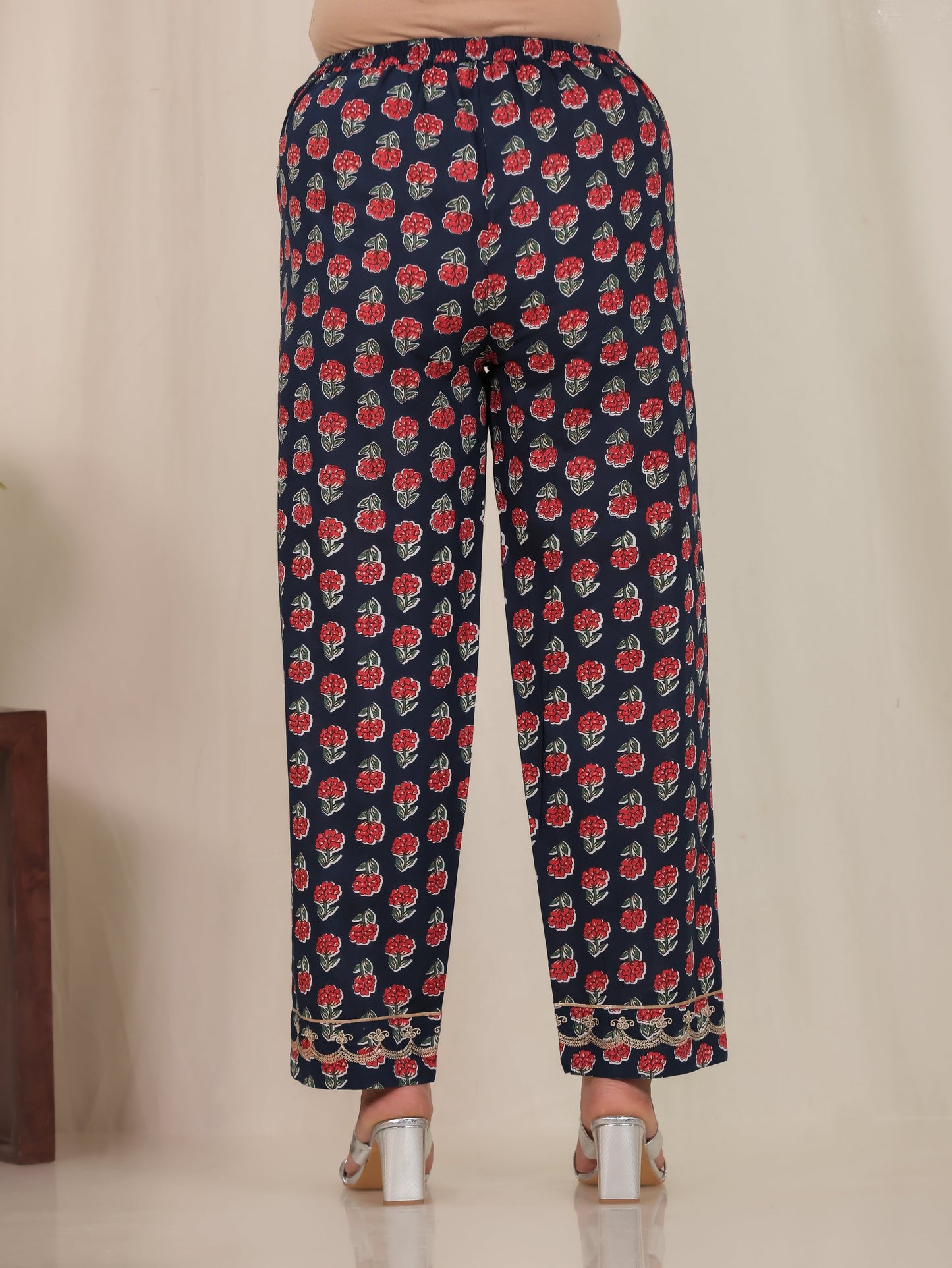 Embroidered Soft Cotton Floral Navy Blue Straight Trousers