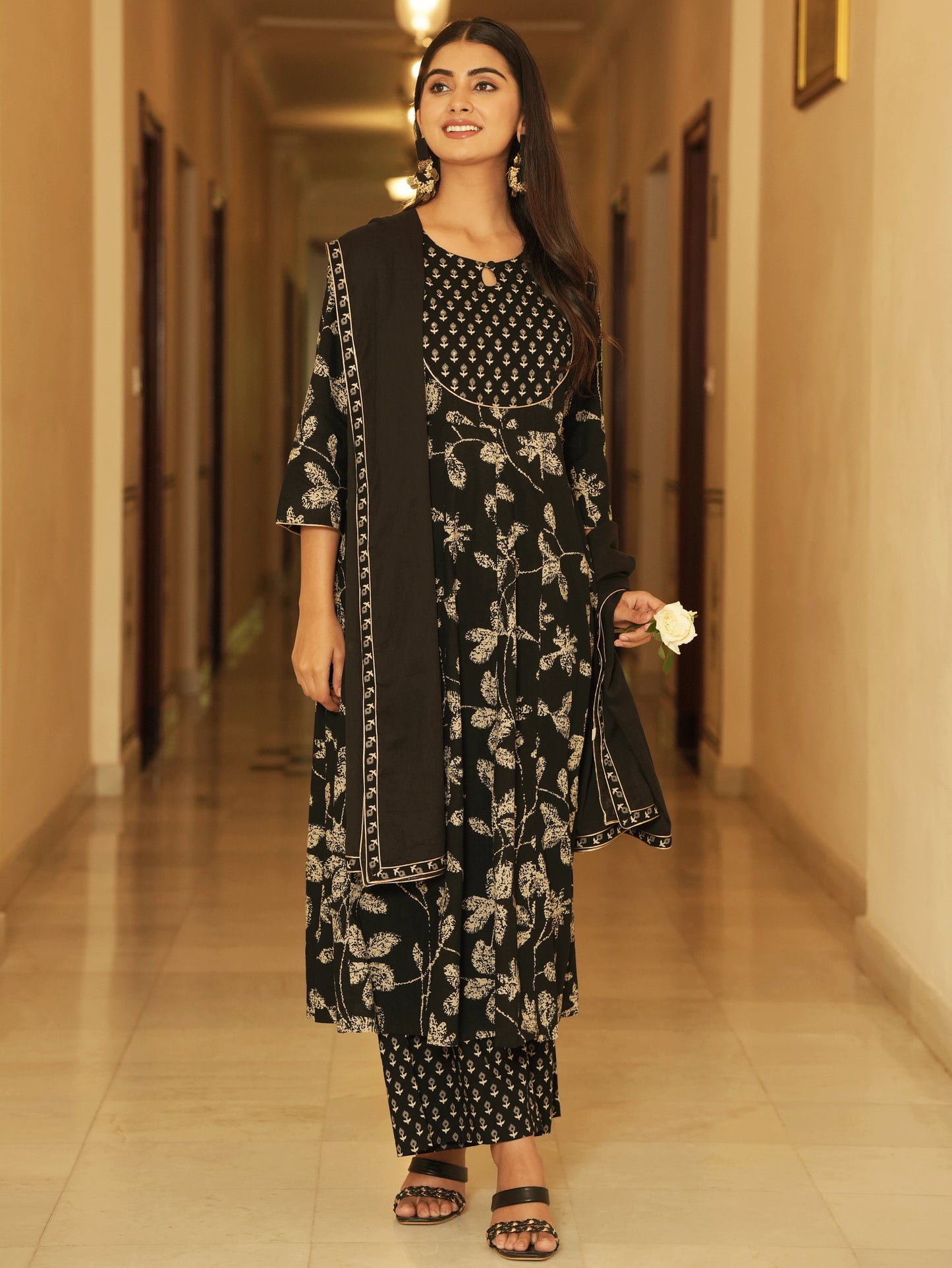 Embroidered Soft Cotton Floral Anarkali Black Kurta