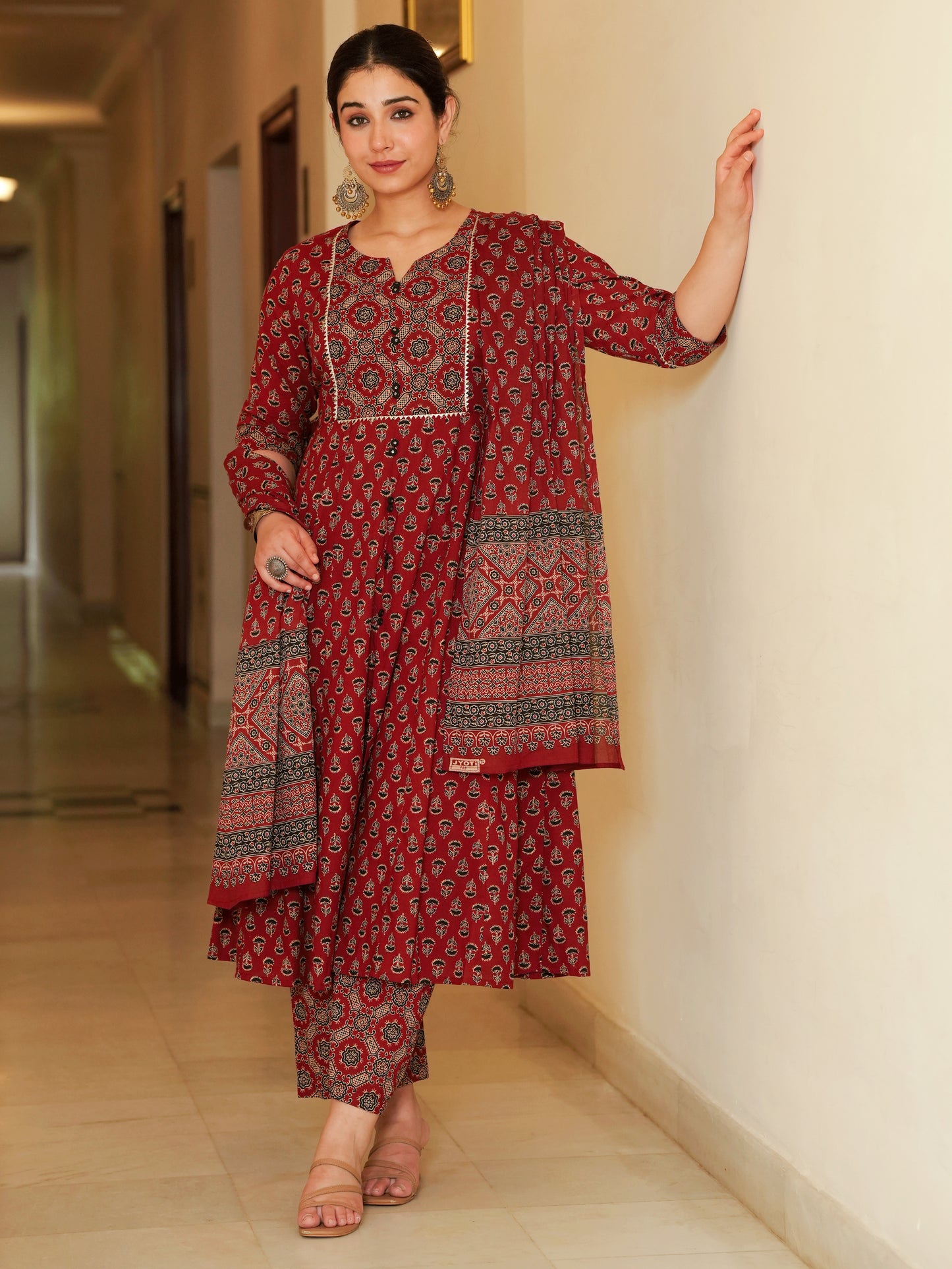 Soft Cotton Ajrakh Flared Red Kurta