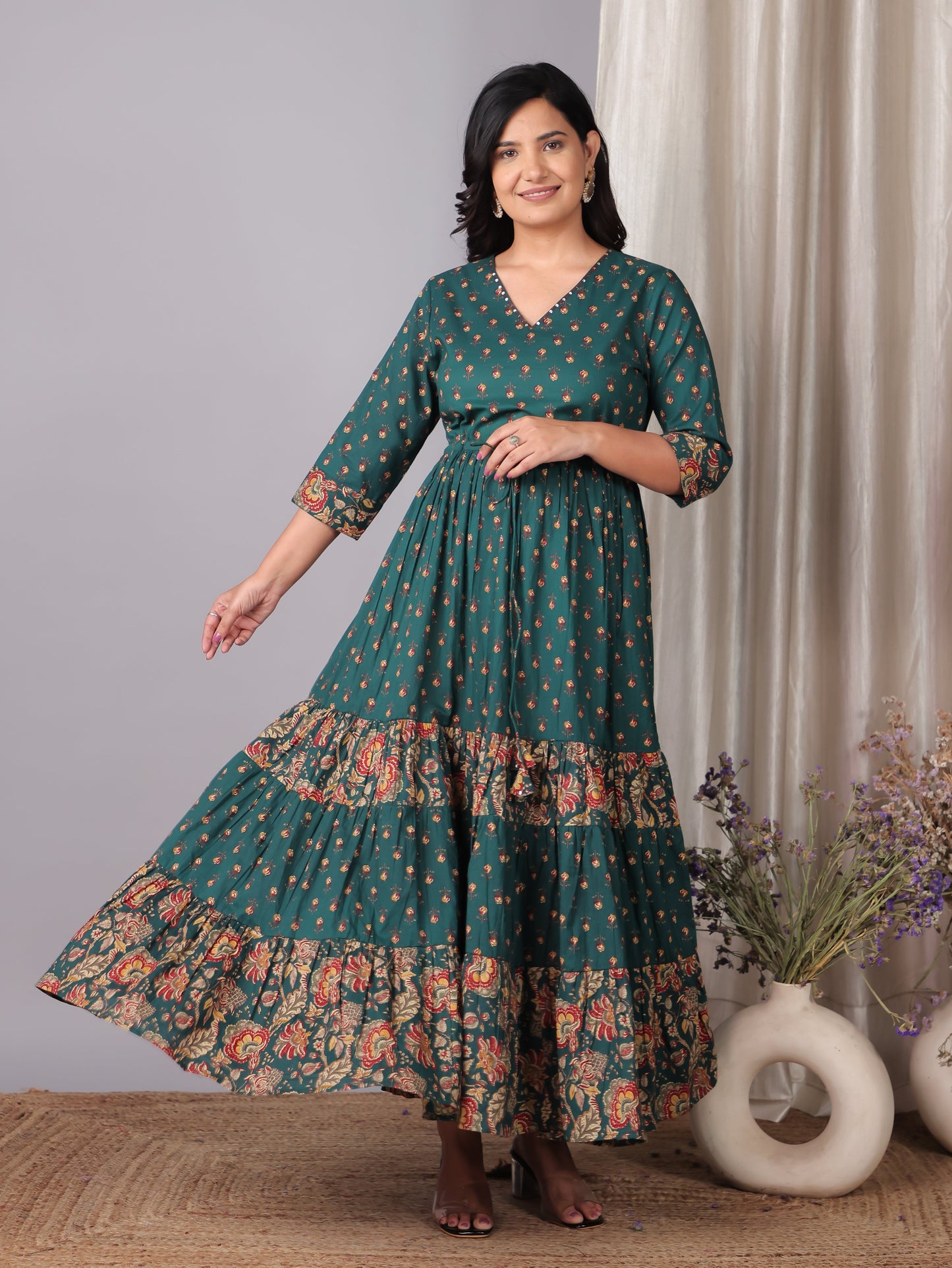 Embroidered Soft Cotton Butti A-line Green Dress