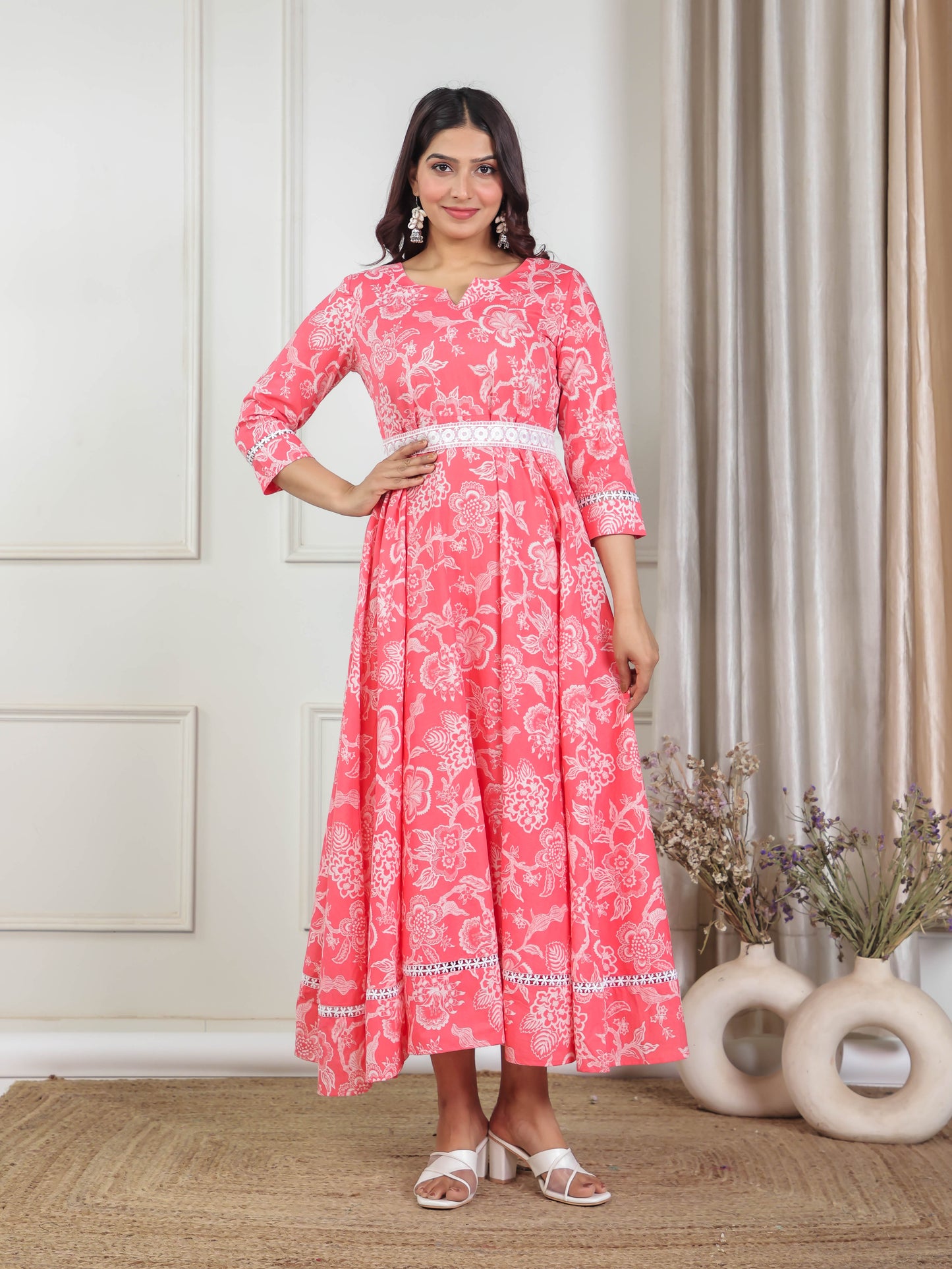 Soft Cotton Floral Anarkali Peach Dress
