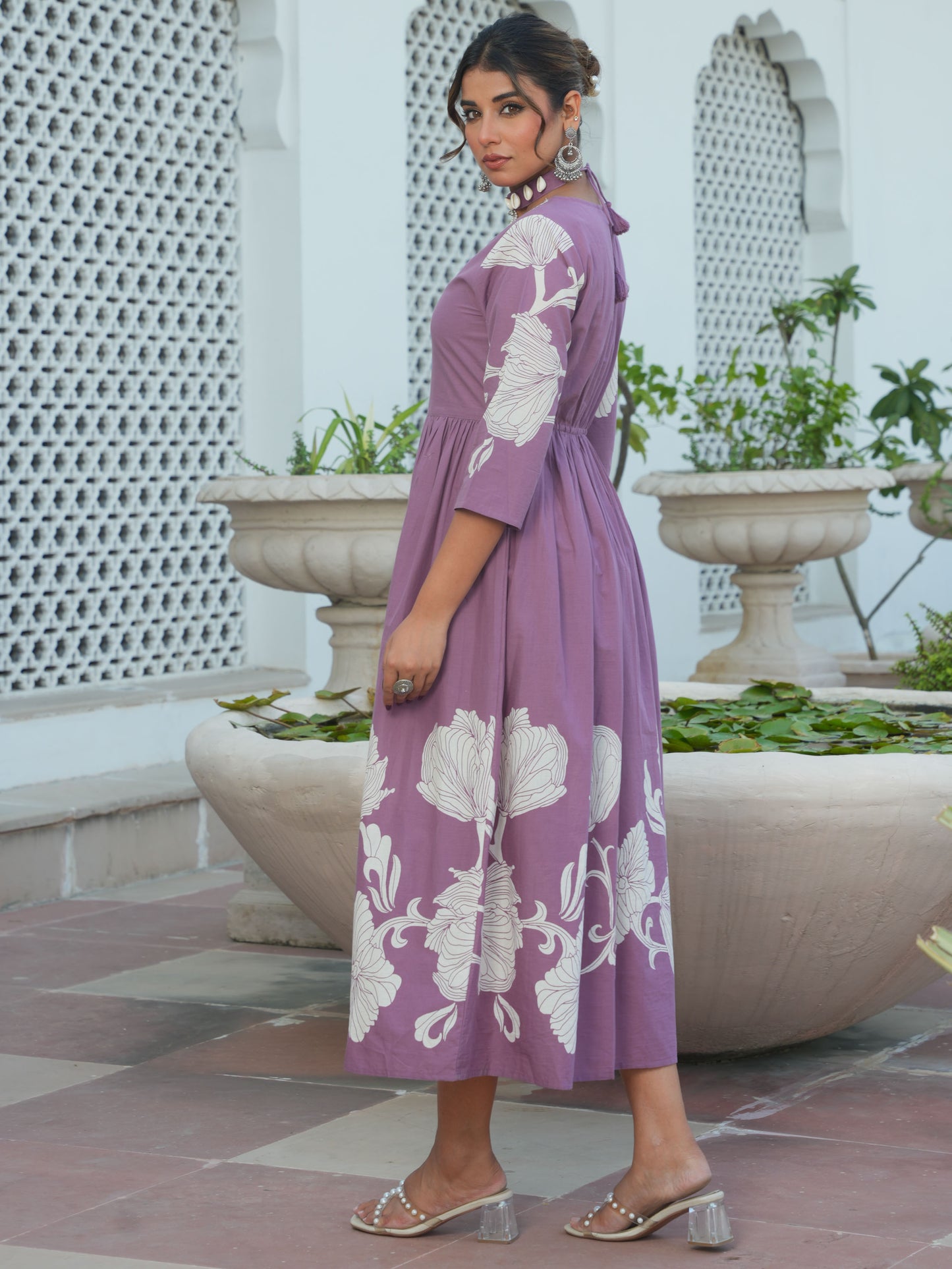 Soft Cotton Placement Print Flared Purple Dress (With Necklace)