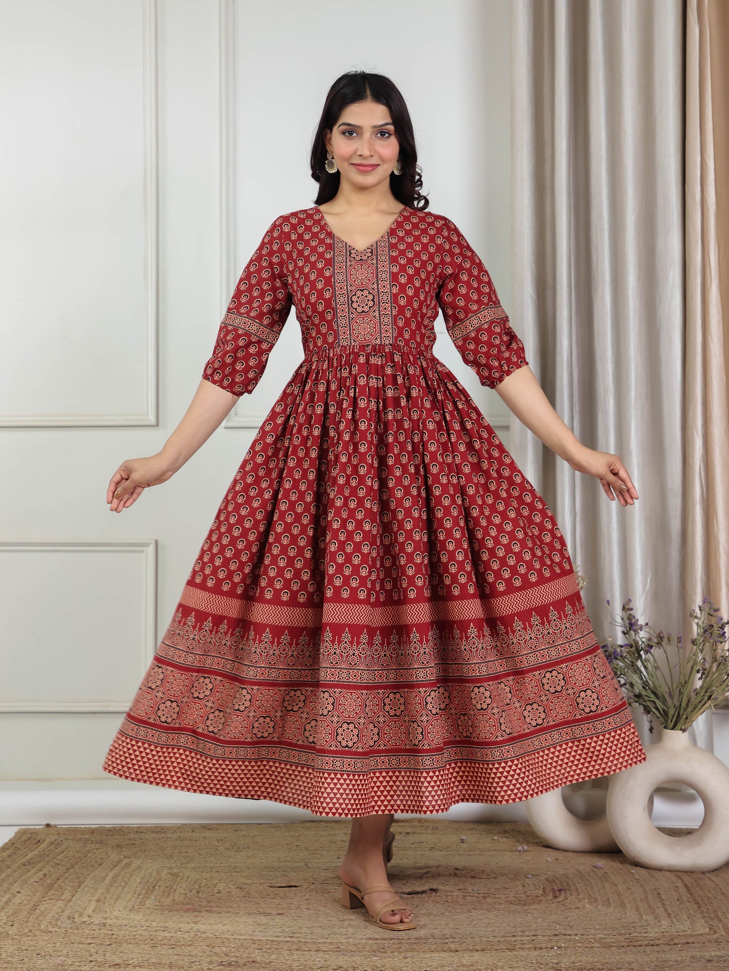 Soft Cotton Ajrakh Flared Red Dress