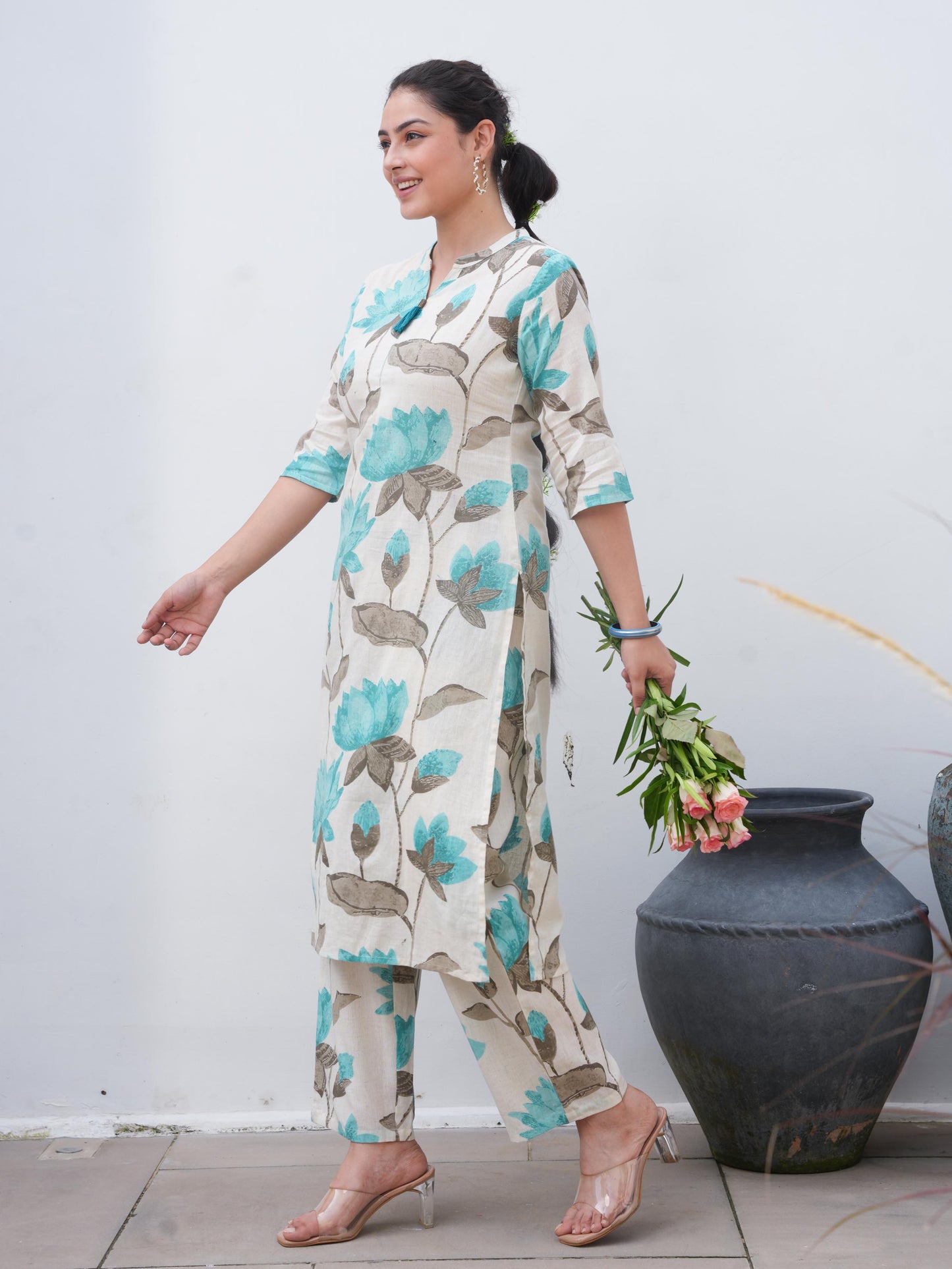 Linen Cotton Floral Straight Off White Kurta