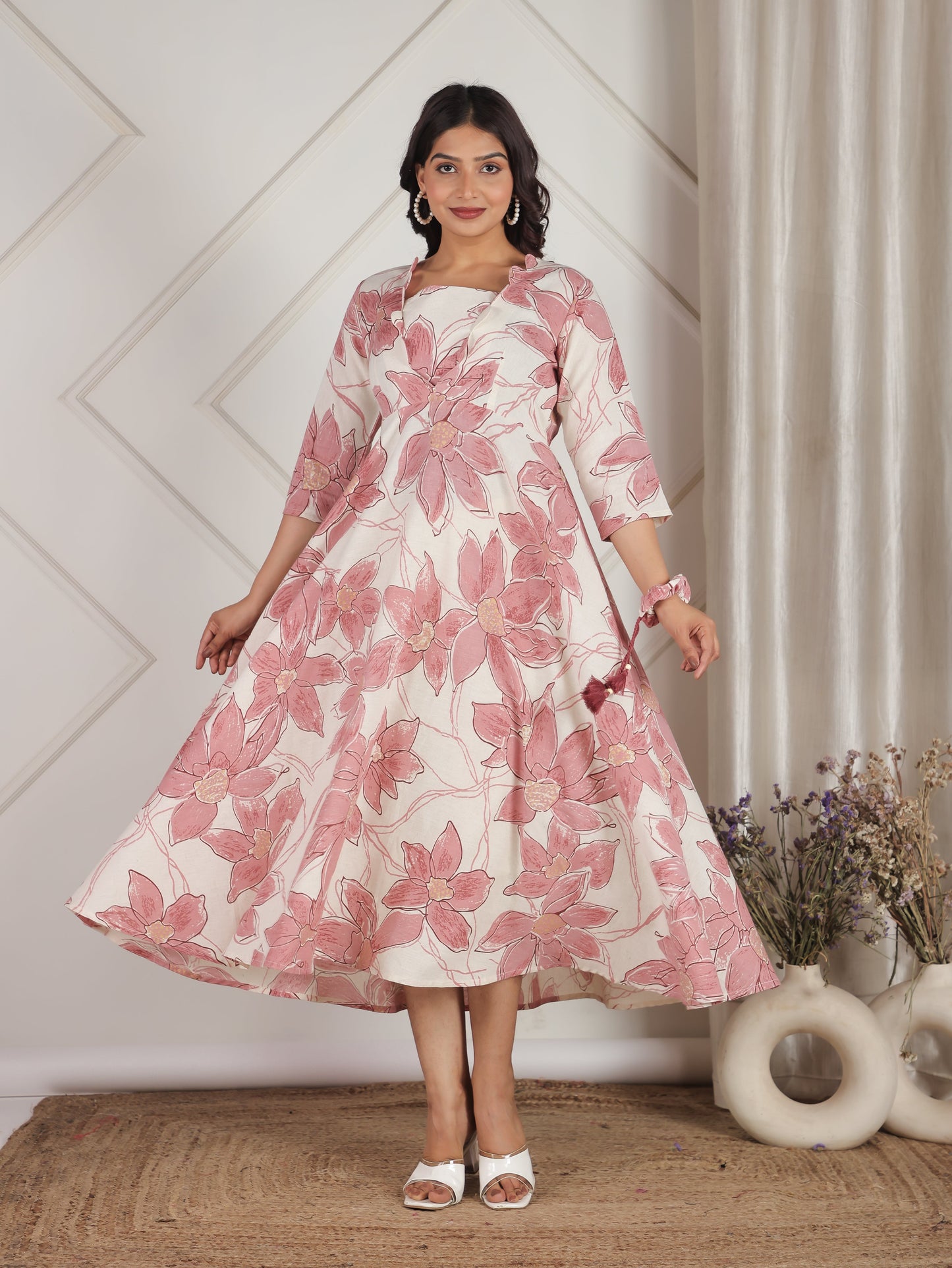 Linen Cotton Floral Flared Off White Dress