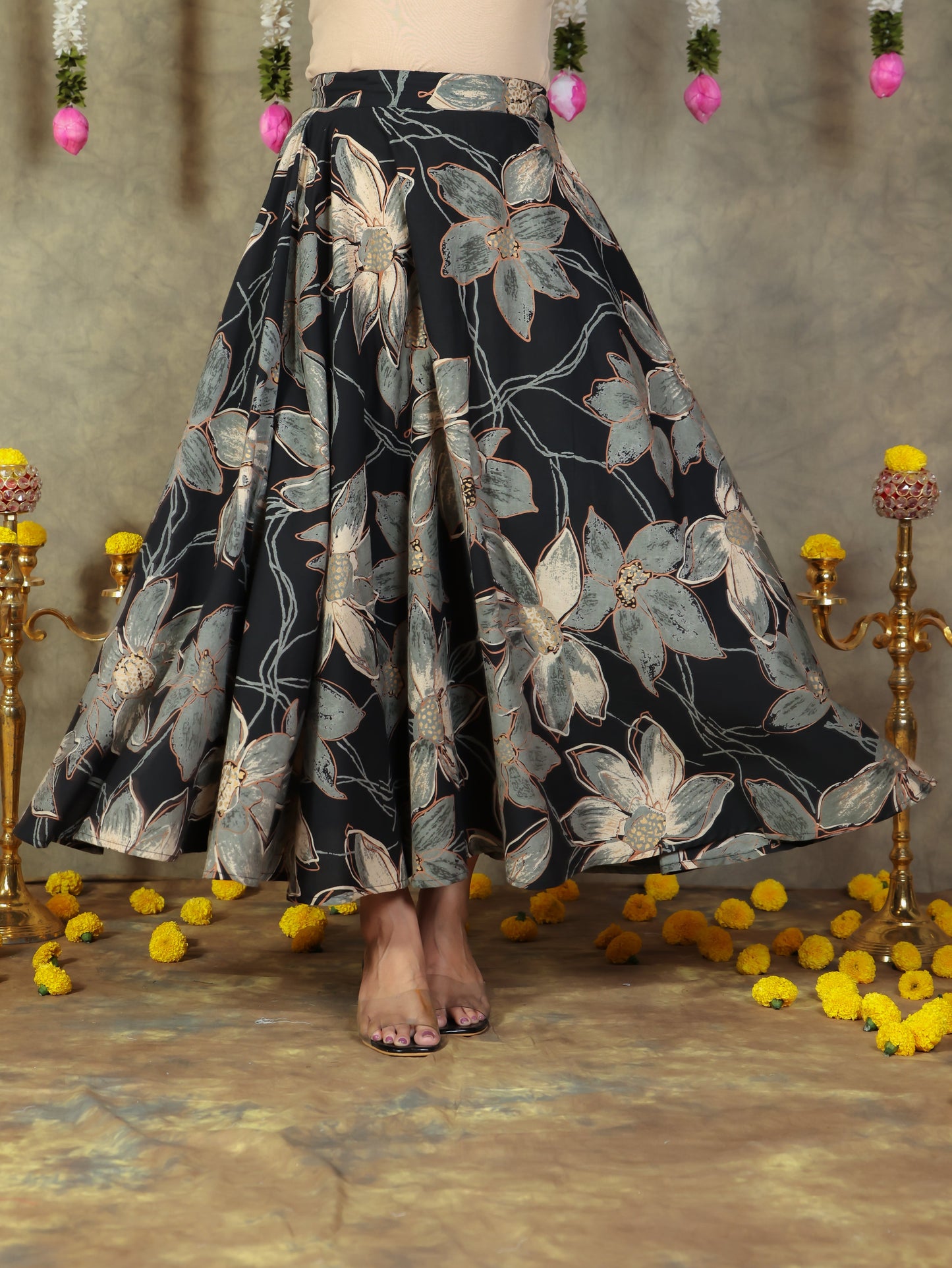 Soft Cotton Floral Black Skirt