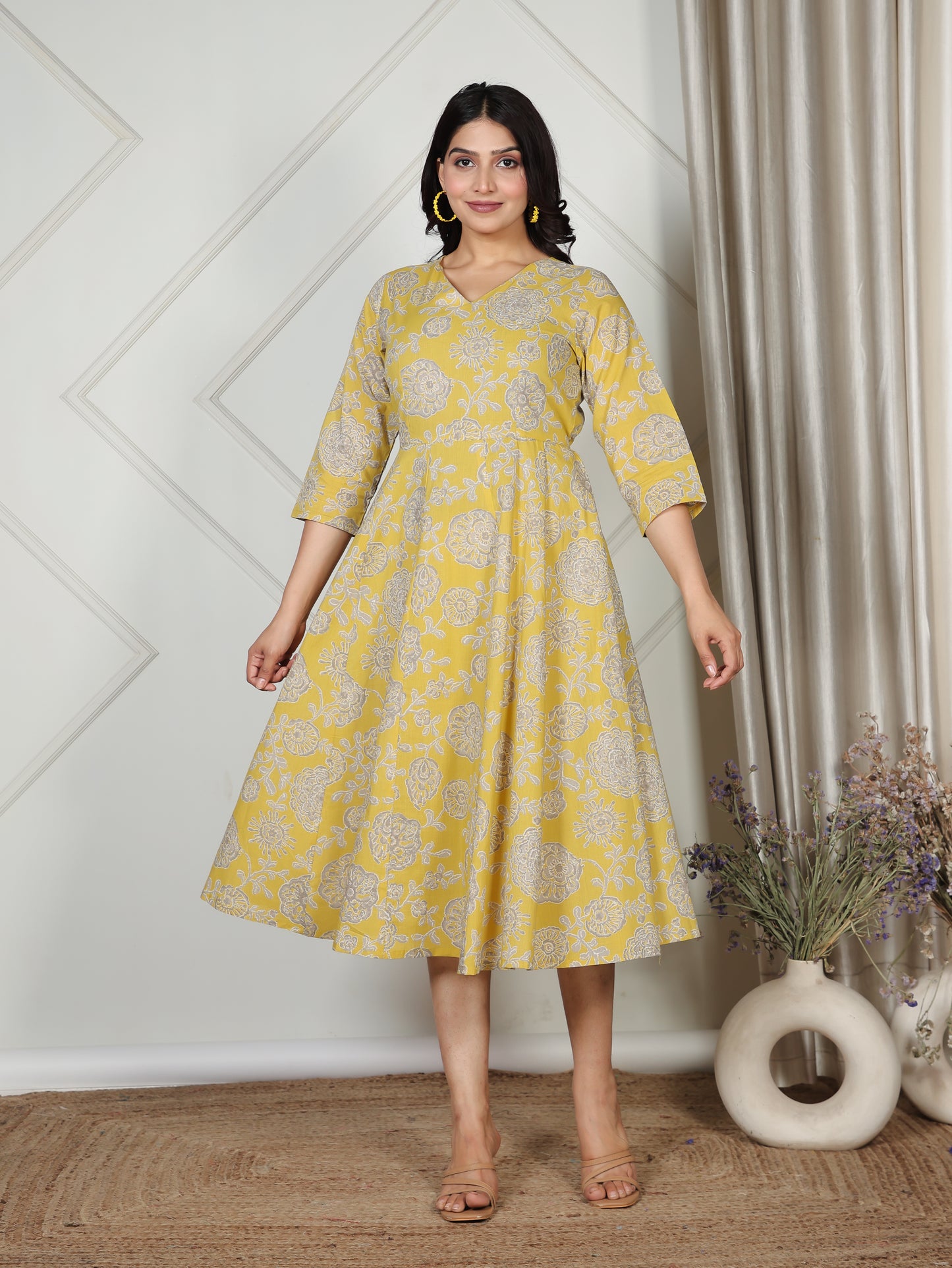 Soft Cotton Floral Angrakha Yellow Dress