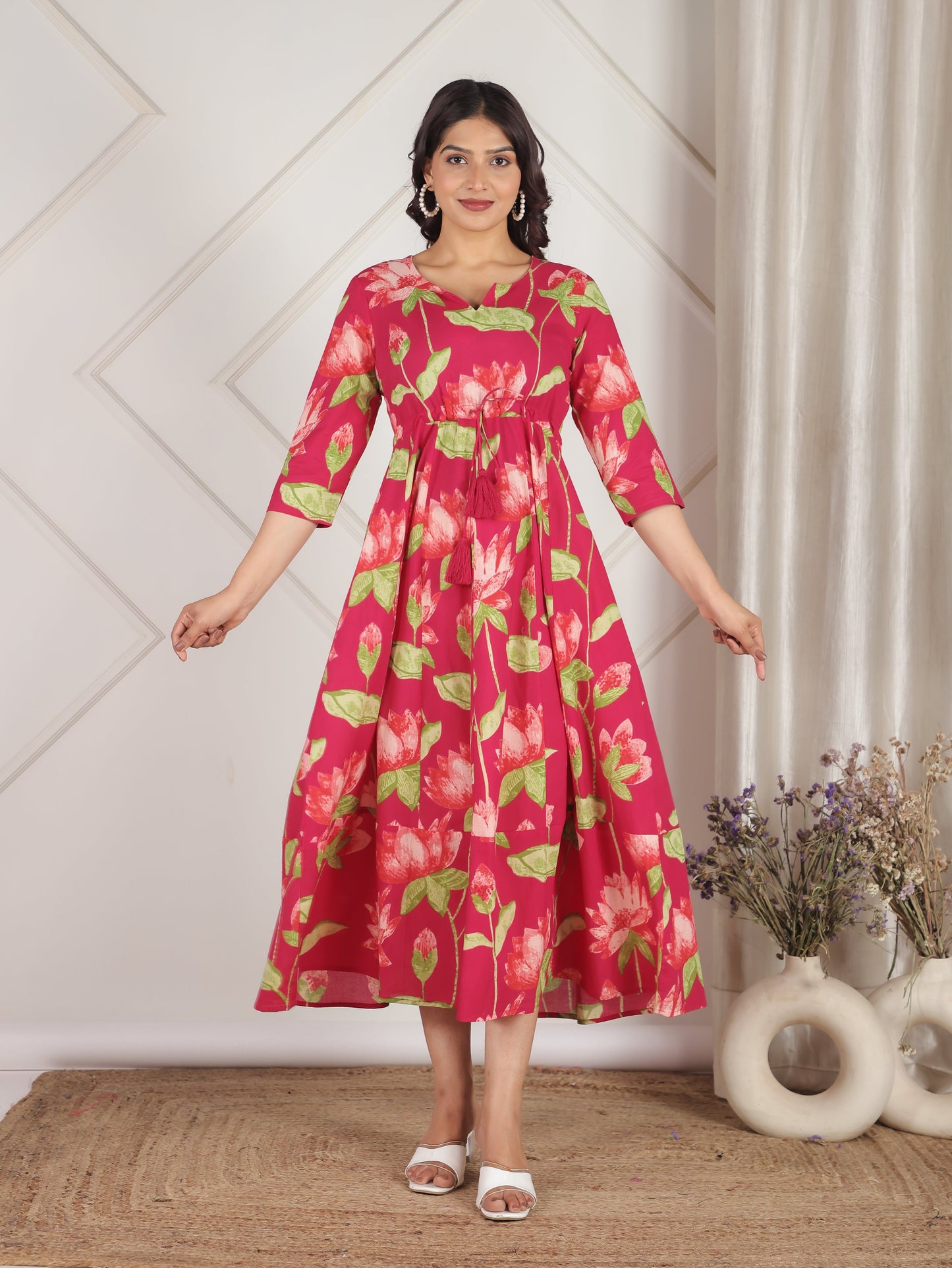Soft Cotton Floral Anarkali Pink Dress