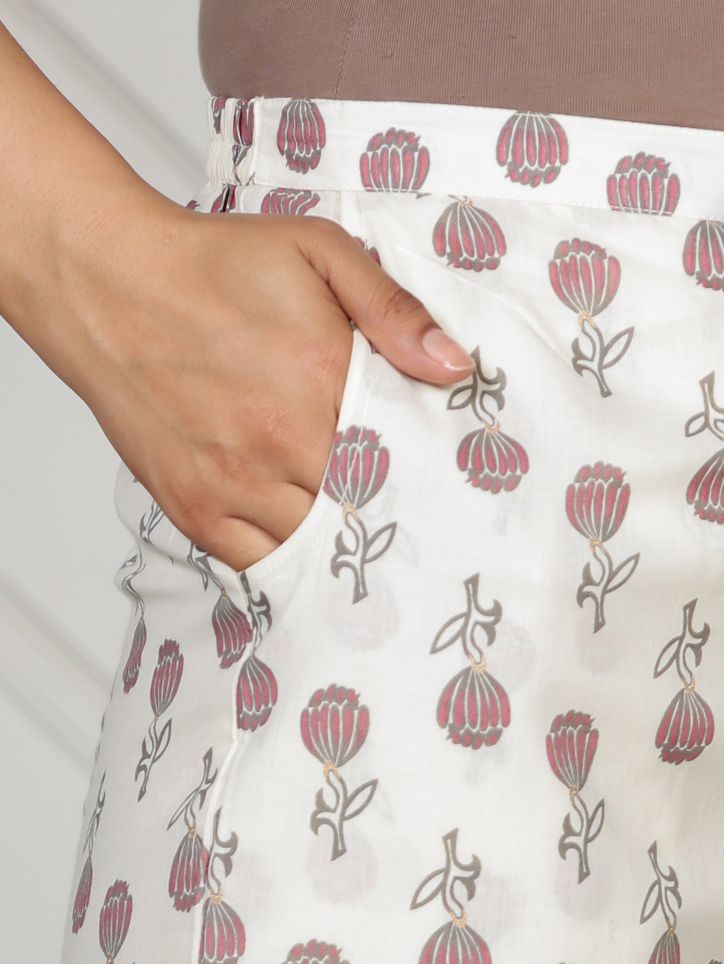 Soft Cotton Floral Off White Straight Trousers