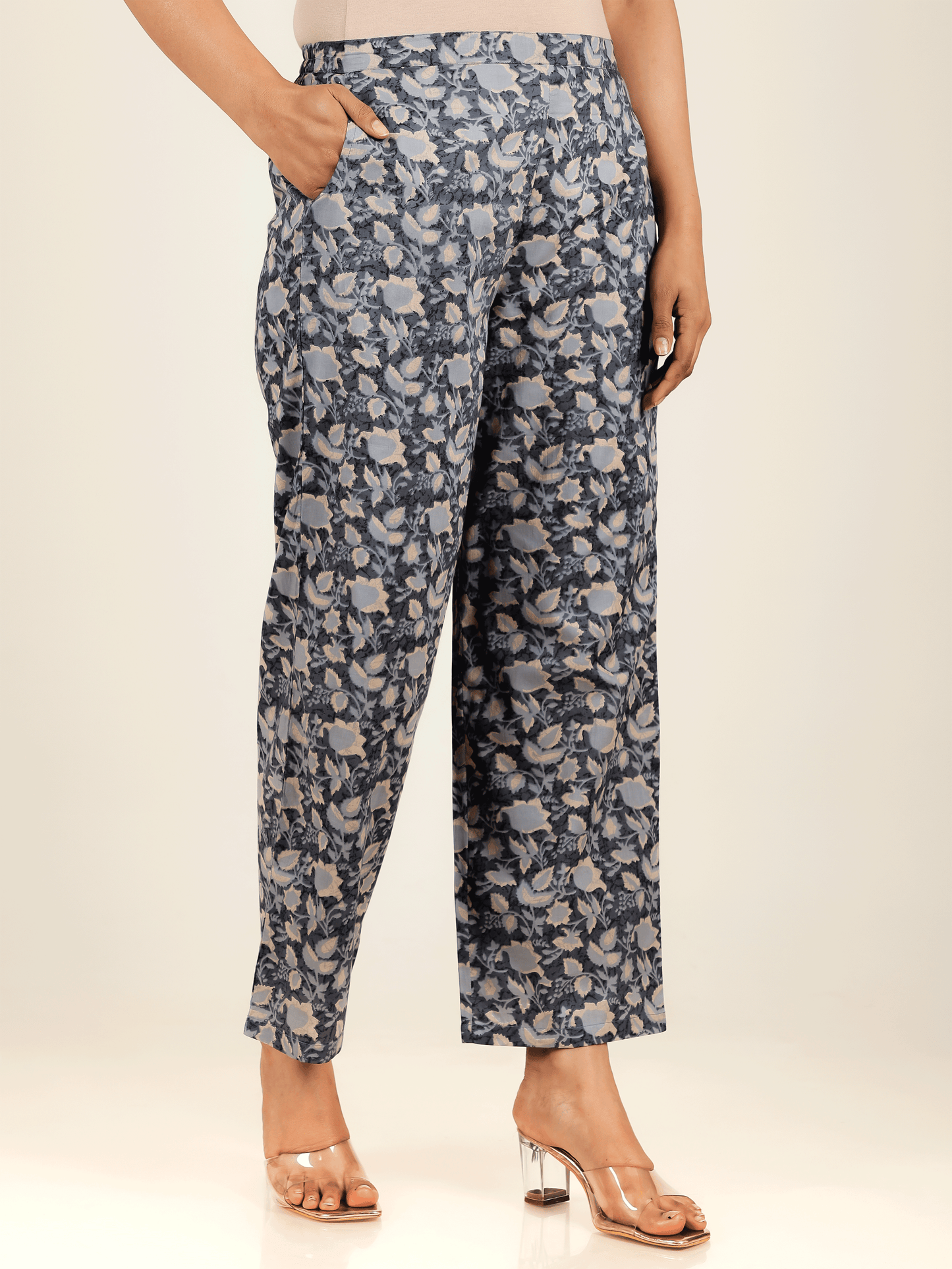 Soft Cotton Floral Grey Straight Trousers
