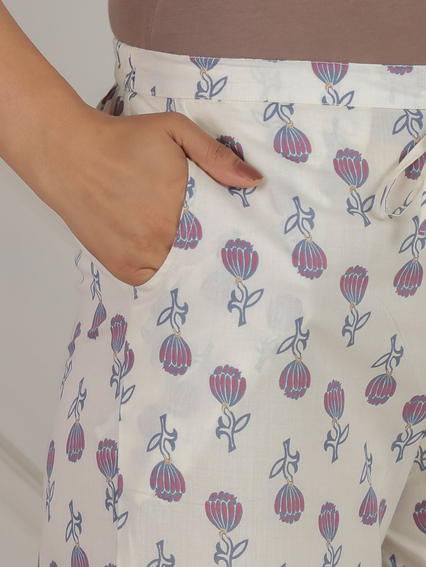 Soft Cotton Floral Off White Straight Trousers
