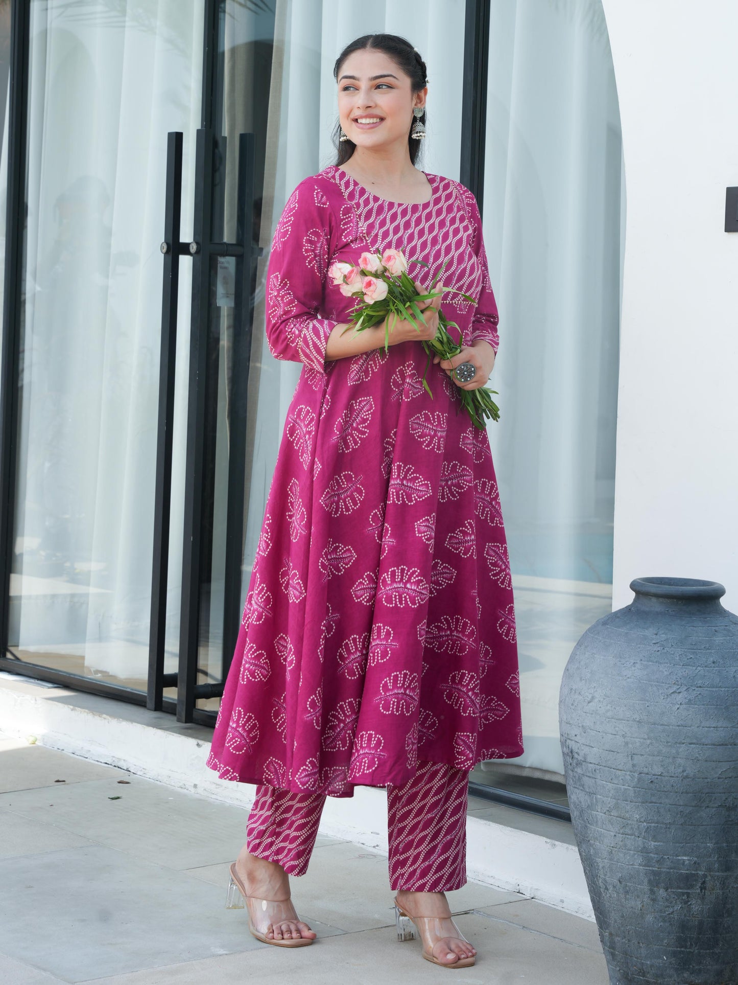 Soft Cotton Foliage Anarkali Pink Kurta