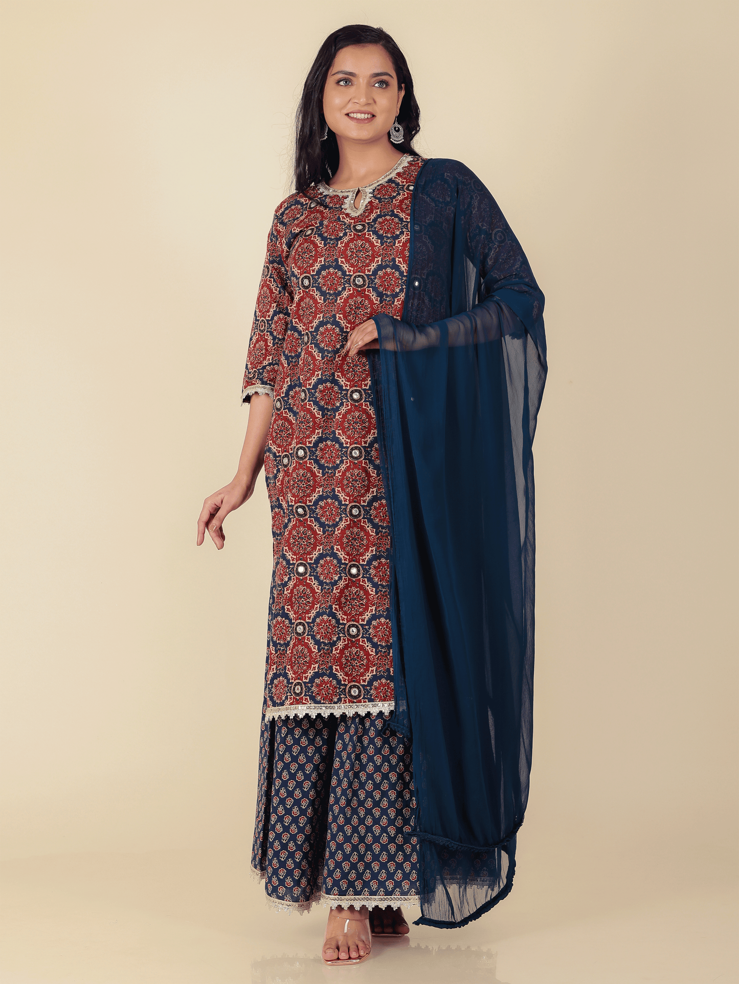 Soft Cotton Geometric Straight Blue Kurta