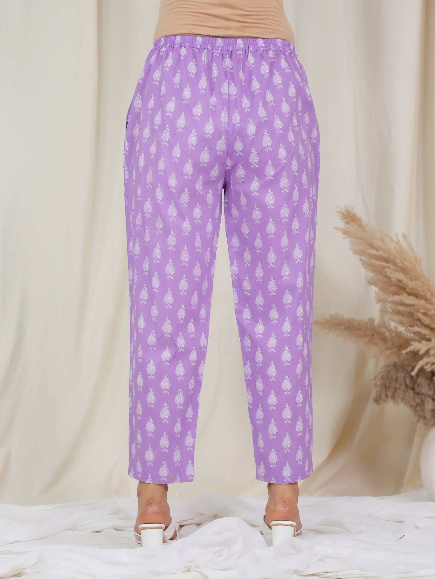 Soft Cotton Floral Purple Trousers Tapered Trousers