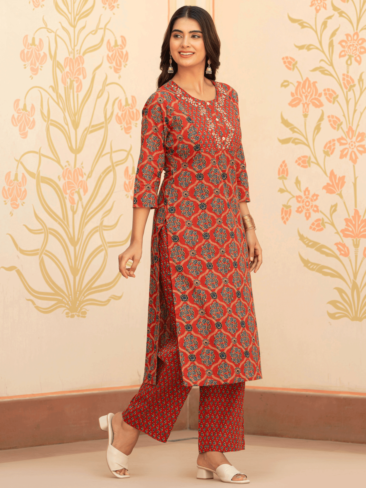 Embroidered Soft Cotton Geometric Straight Rust Kurta
