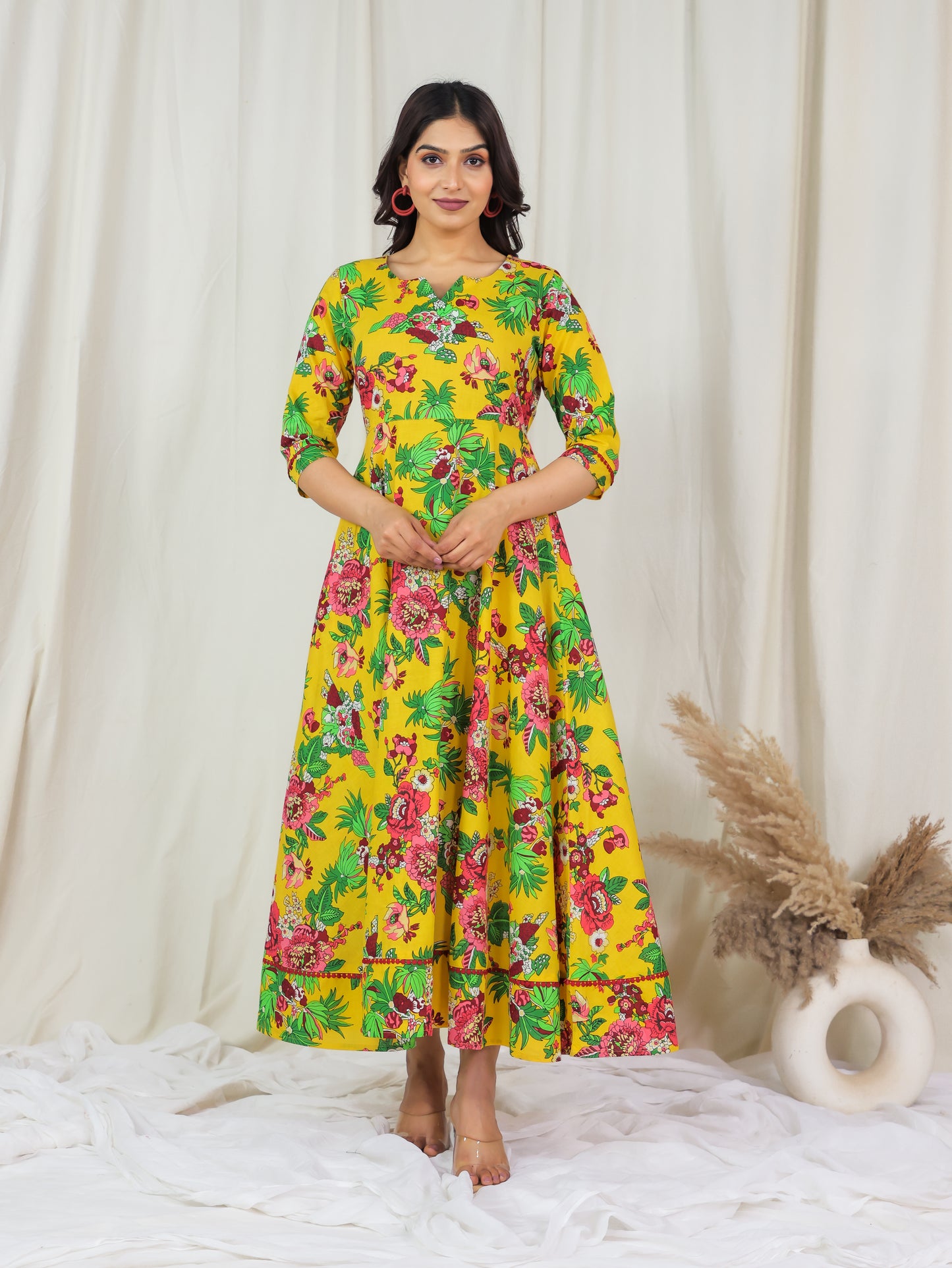 Soft Cotton Floral Anarkali Yellow Dress