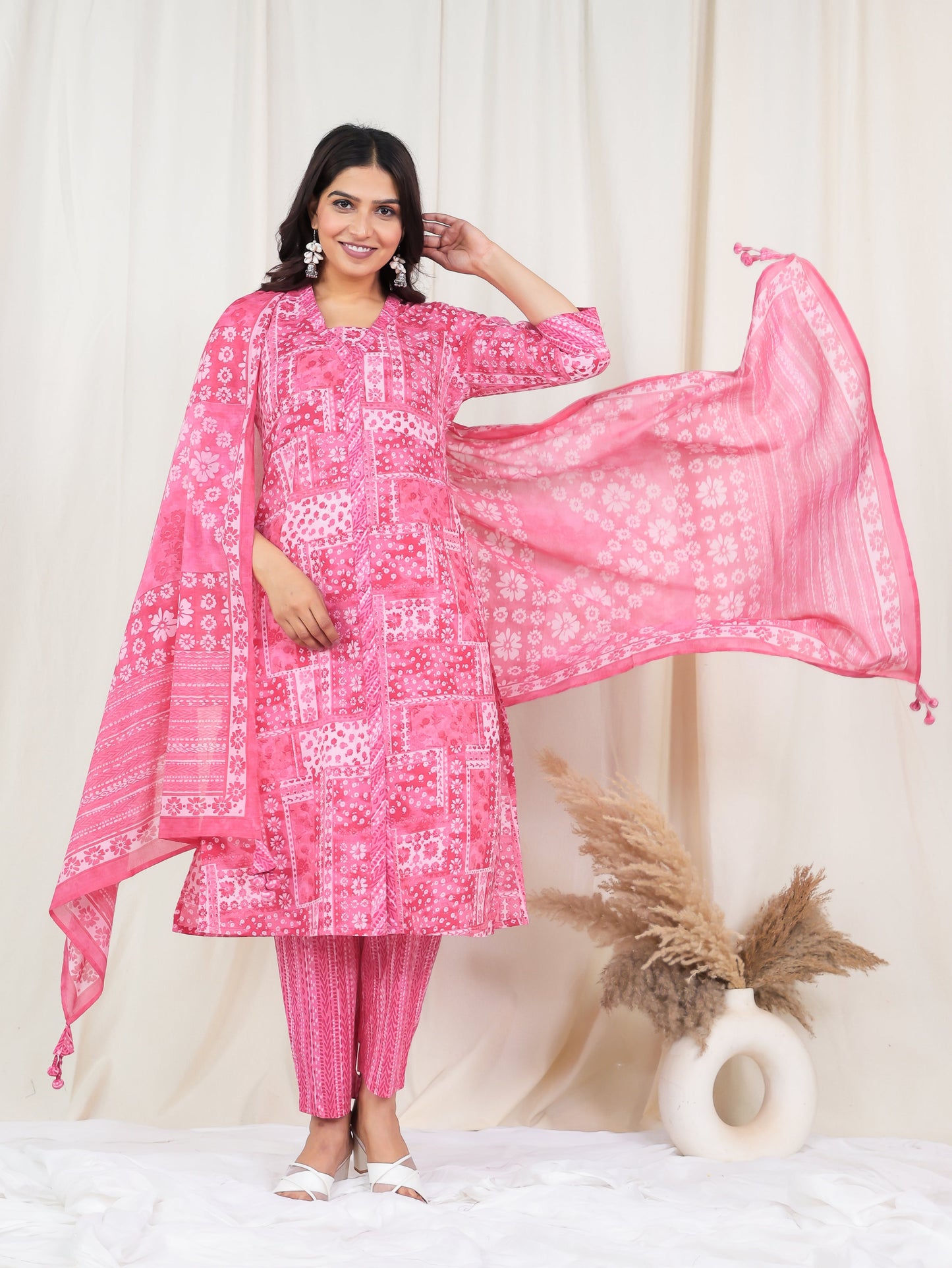Cotton Voile Patchwork Pink Dupatta
