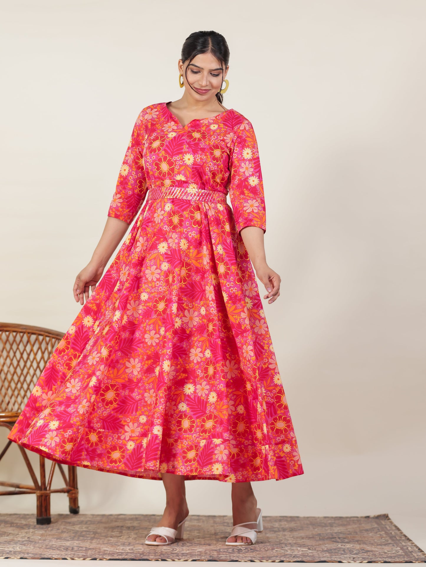 Soft Cotton Floral Anarkali Purple Dress