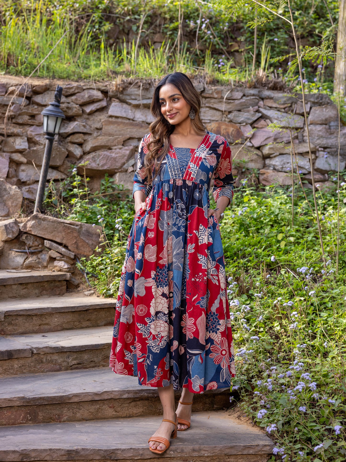 Embroidered Soft Cotton Floral Anarkali Blue Dress