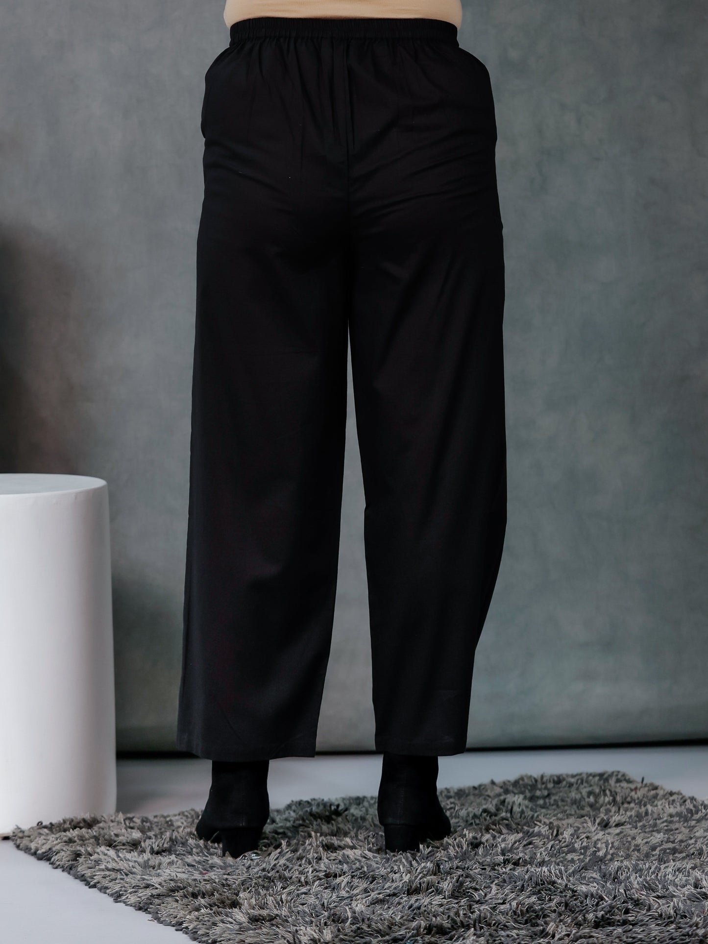 Soft Cotton Solid Black Straight Trousers