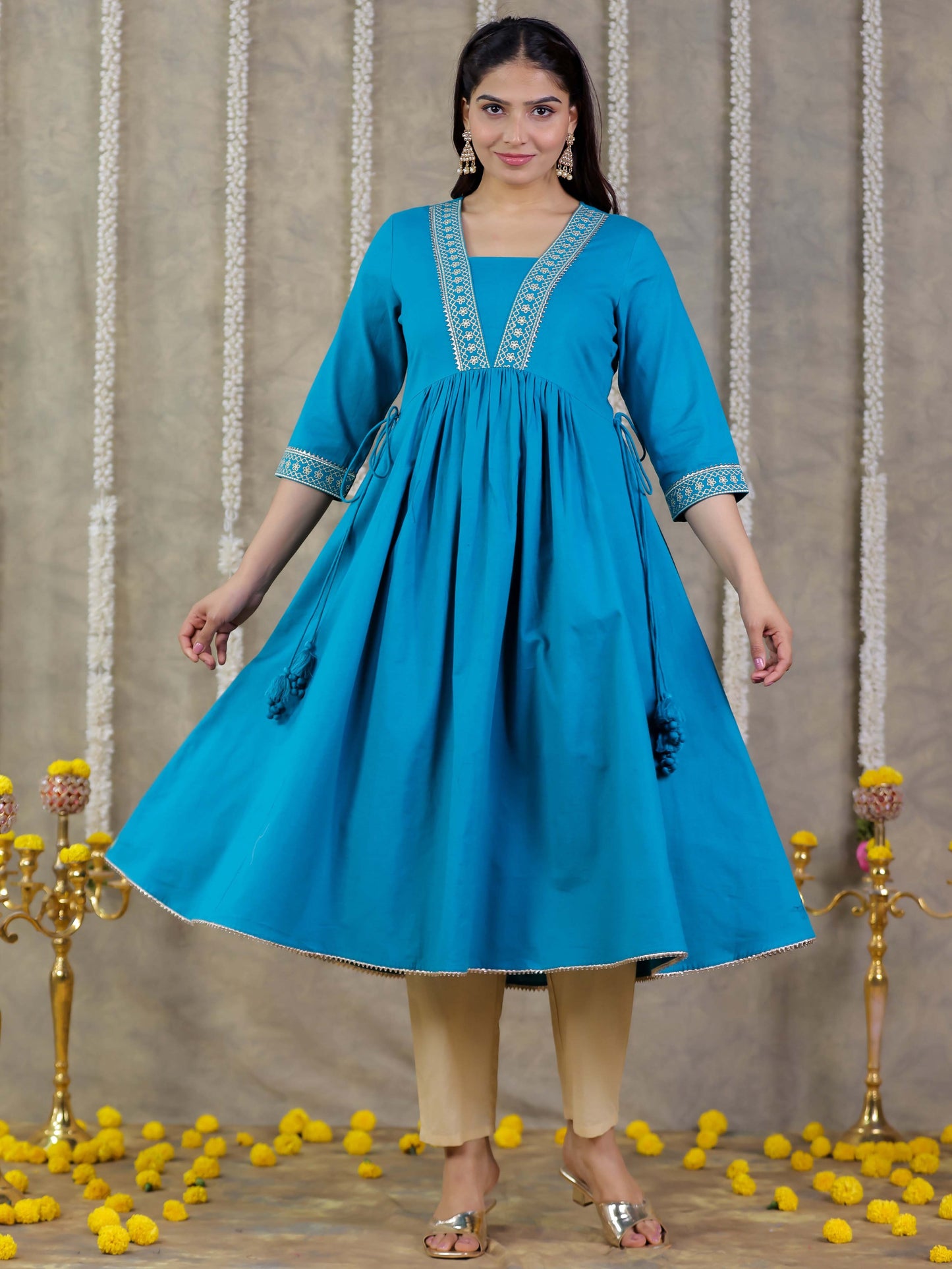 Embroidered Linen Cotton Solid Anarkali Teal Kurta