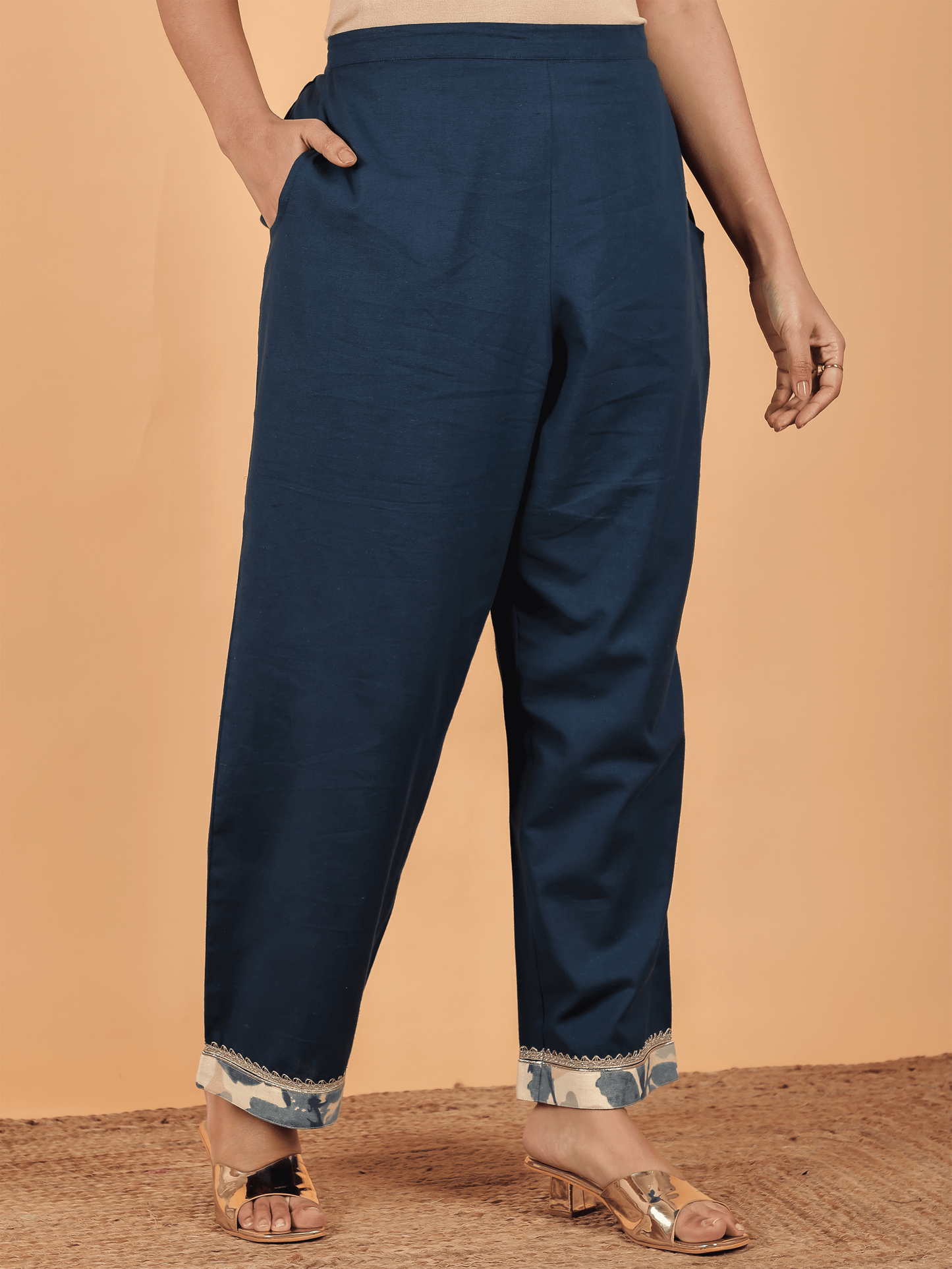 Linen Cotton Solid Blue Straight Trousers