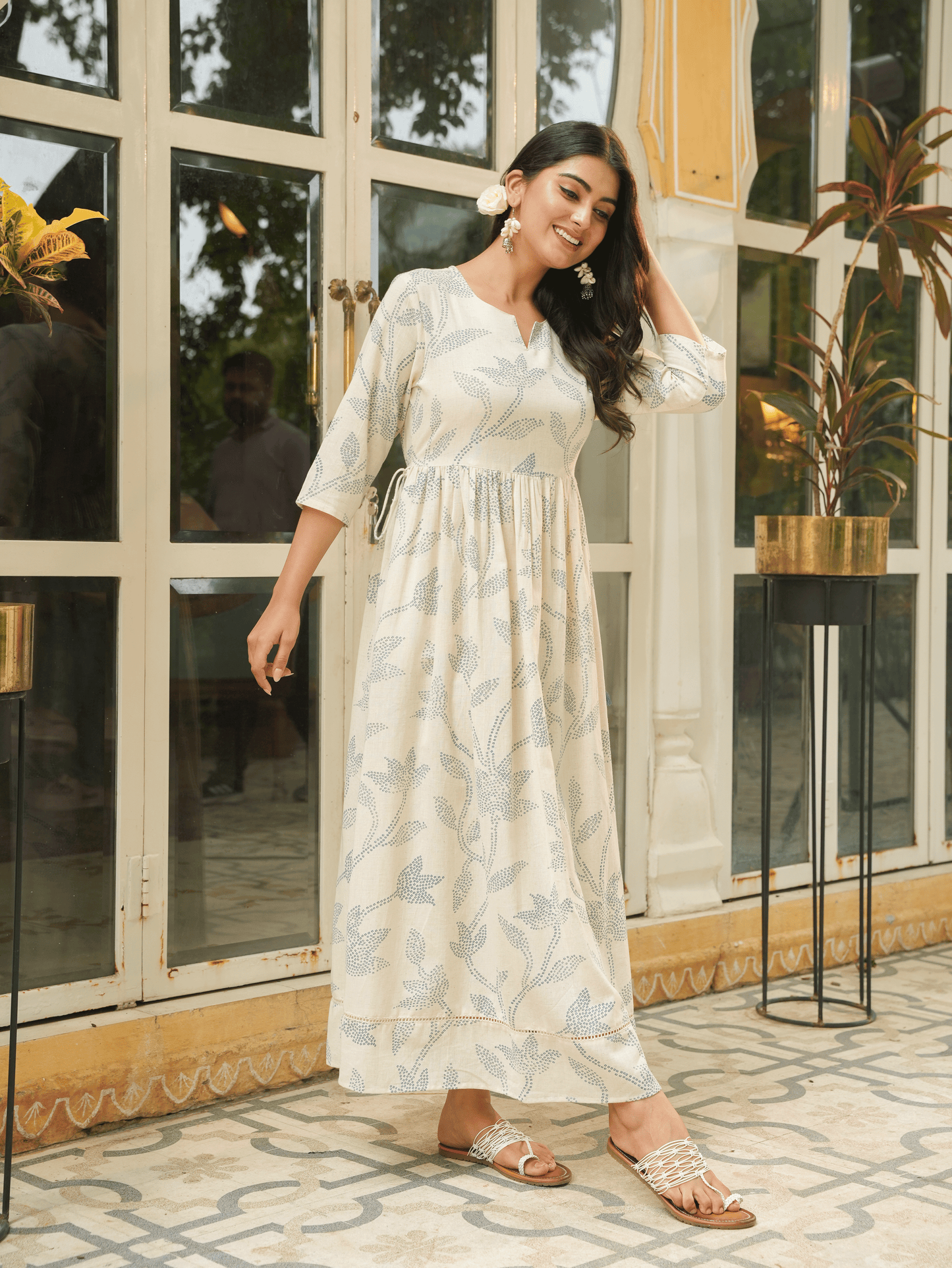 Linen Cotton Floral Gathered Off White Dress