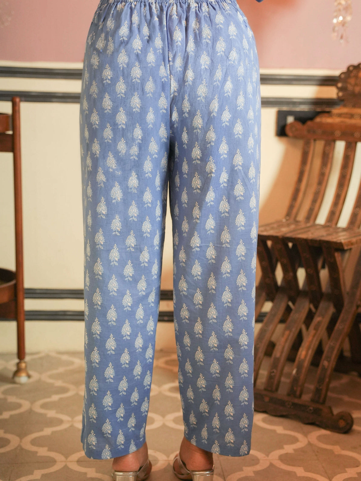 Soft Cotton Floral Blue Straight Trousers