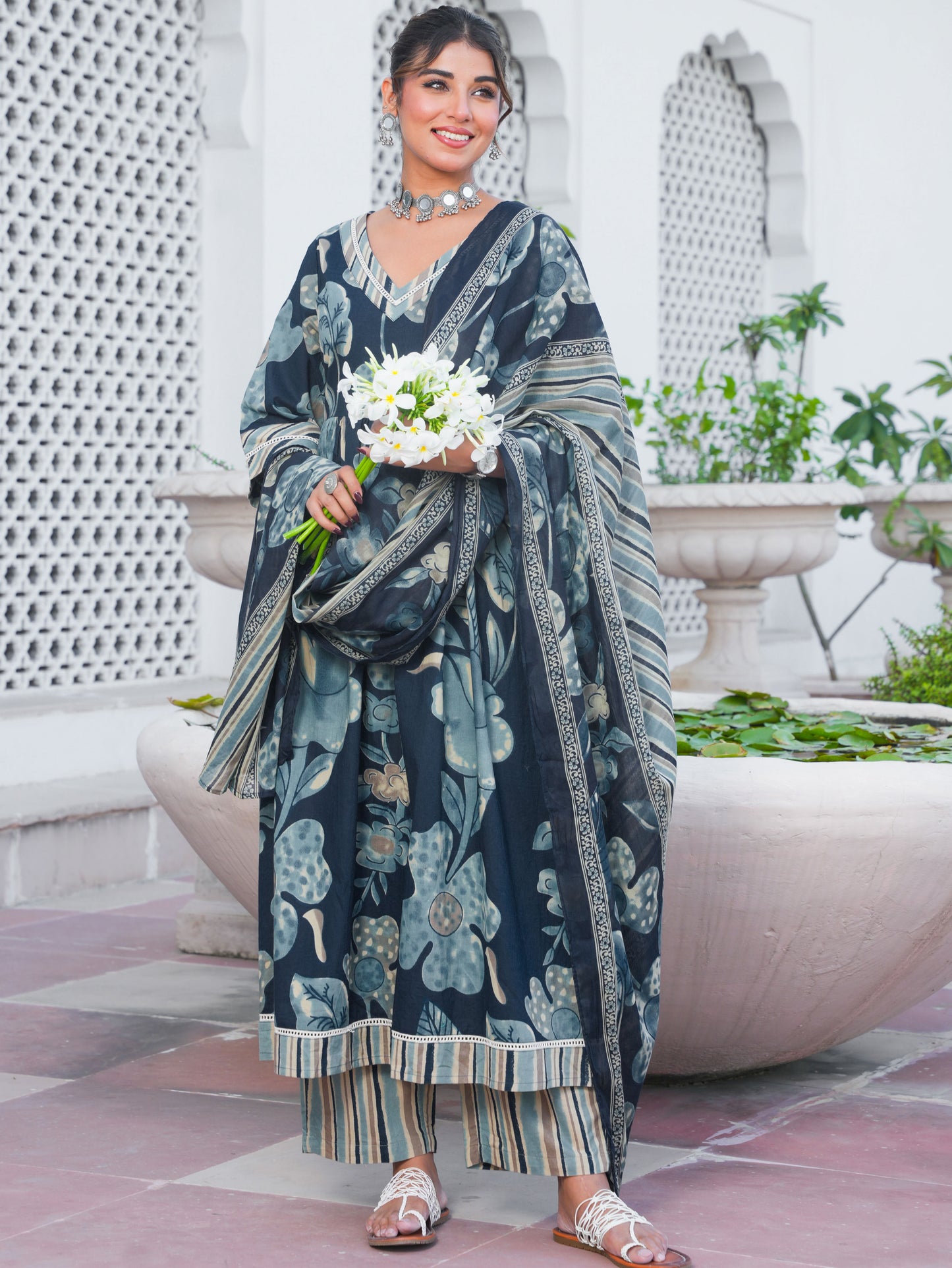 Soft Cotton Floral Anarkali Blue Kurta