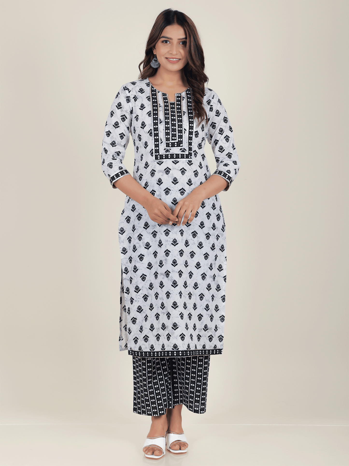 Soft Cotton Block Print Straight White Kurta