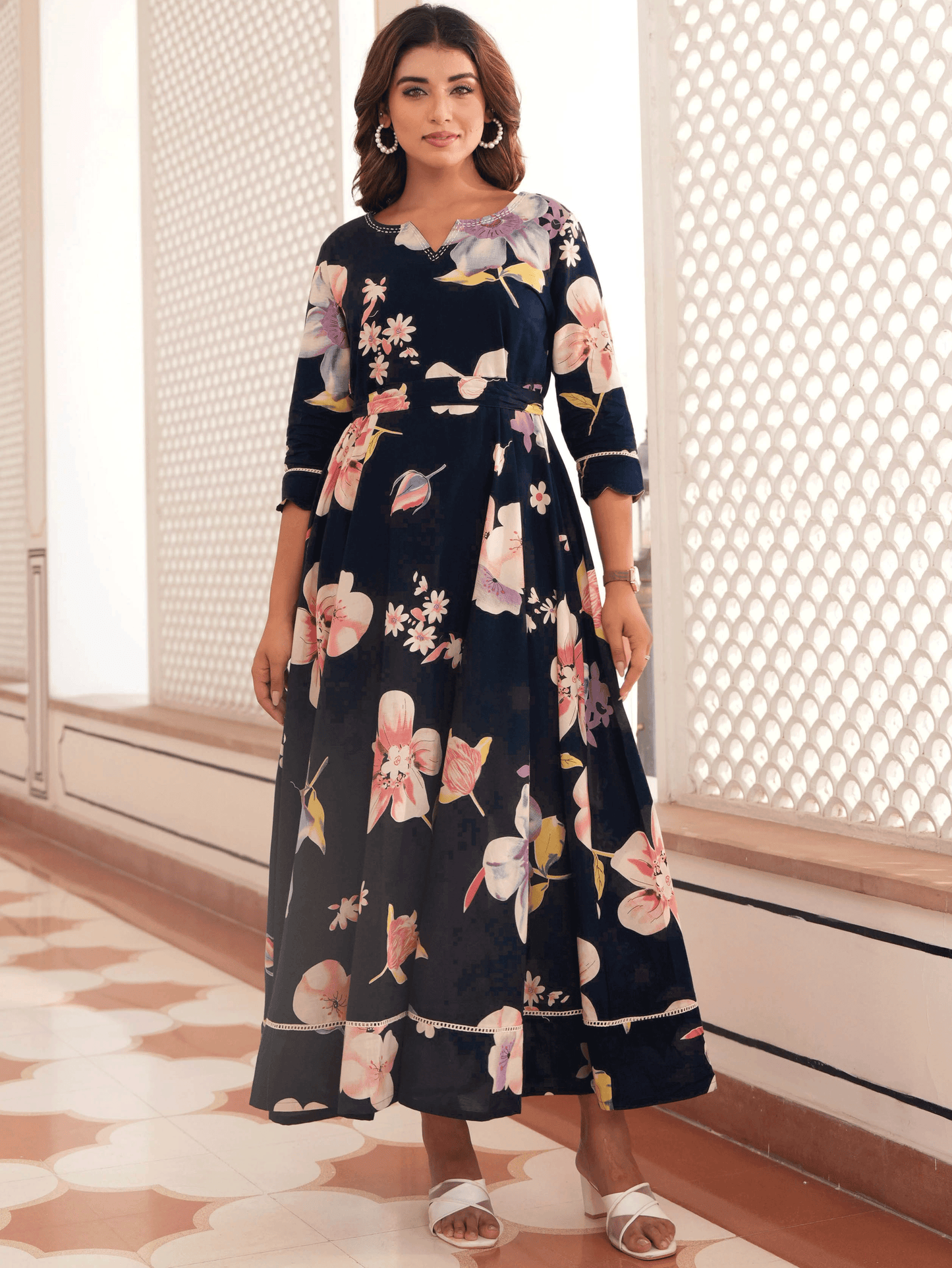 Embroidered Soft Cotton Floral Anarkali Blue Dress