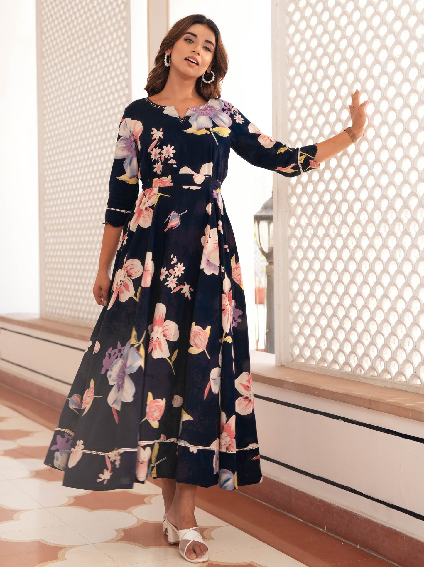 Embroidered Soft Cotton Floral Anarkali Blue Dress