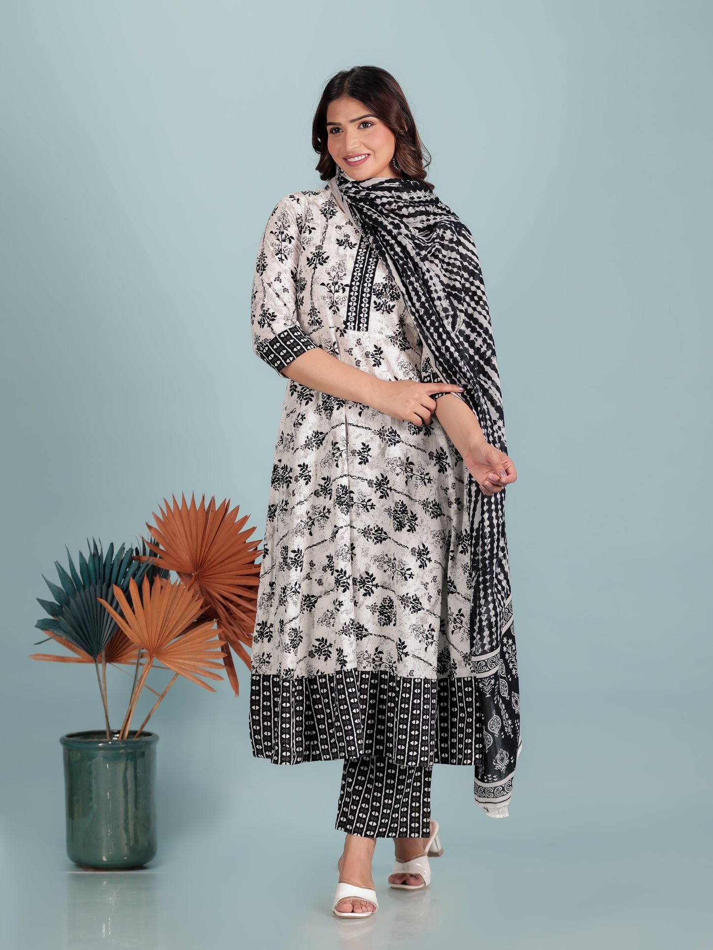 Voile Cotton Abstract White Dupatta