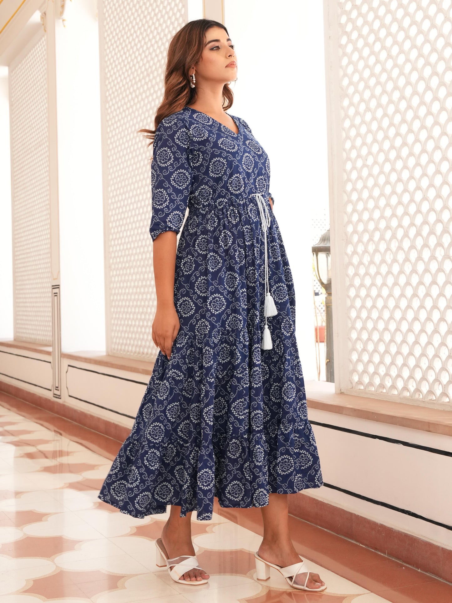Soft Cotton Bandhani Tiered Blue Dress