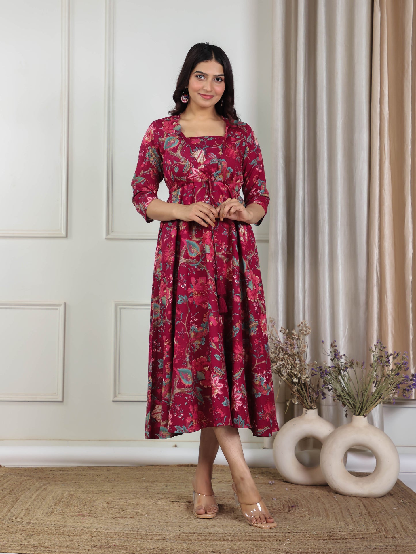 Soft Cotton Floral Anarkali Maroon Dress