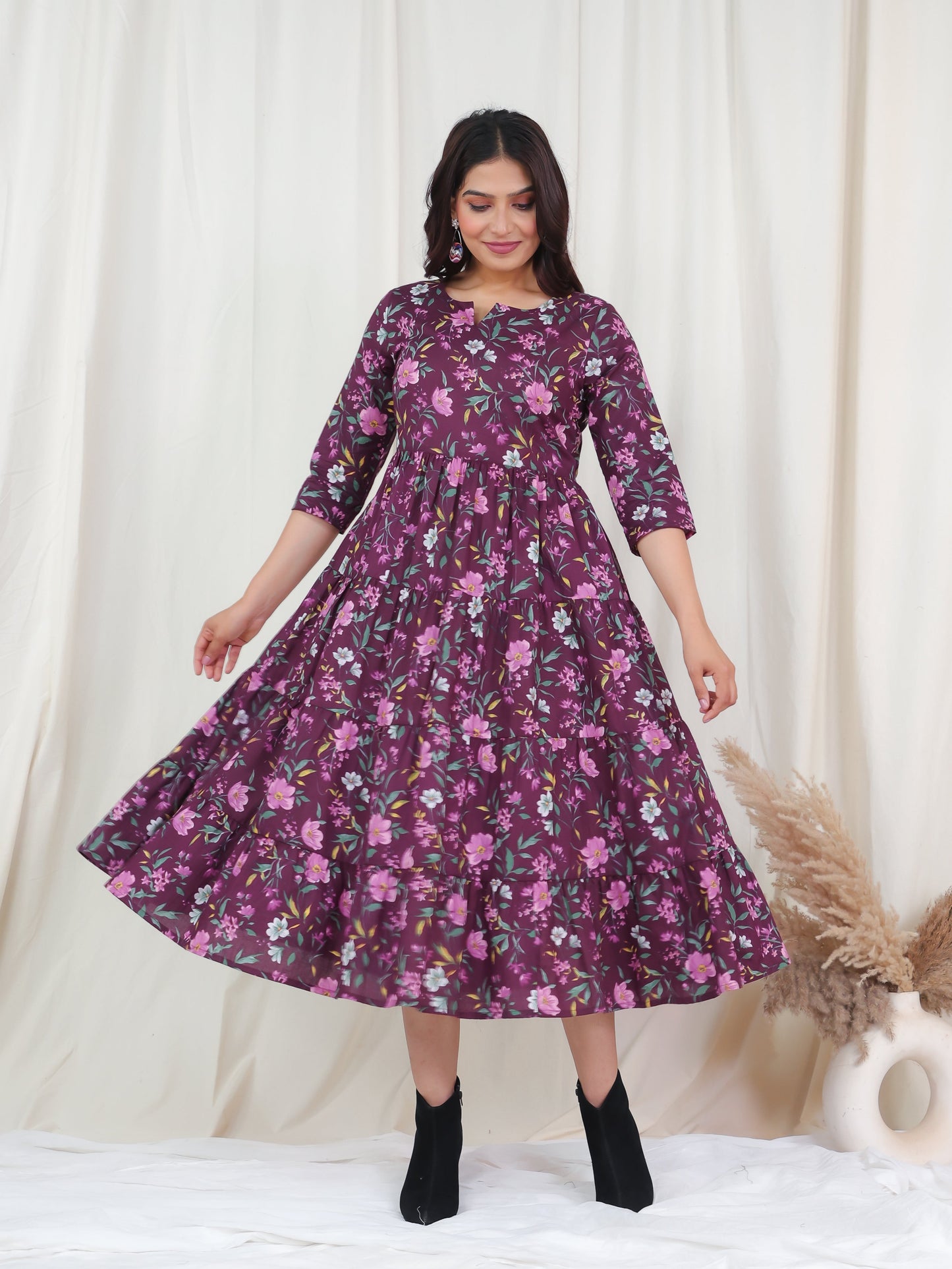 Soft Cotton Floral Anarkali Wine Dress