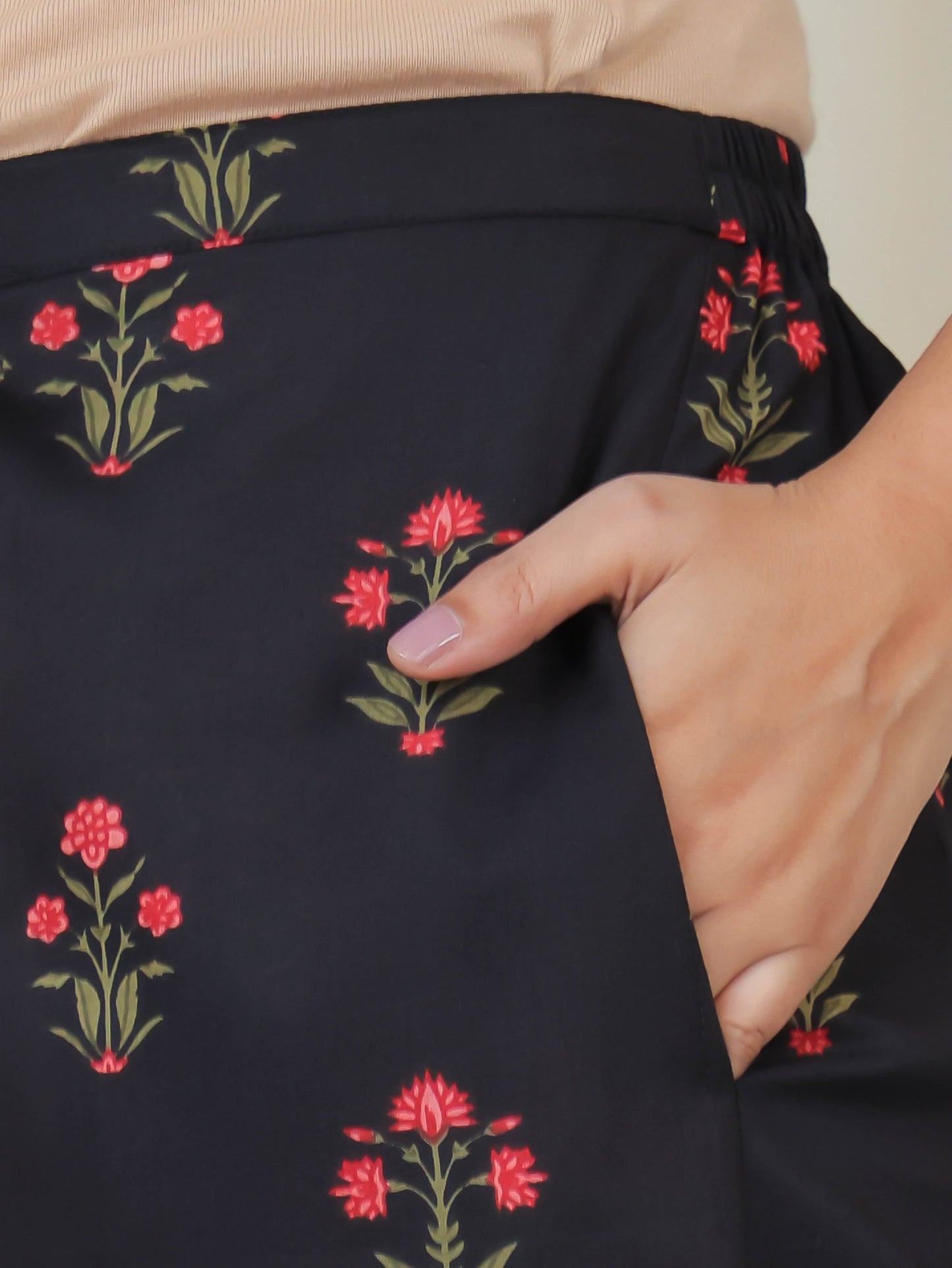 Soft Cotton Floral Black Tapered Trousers