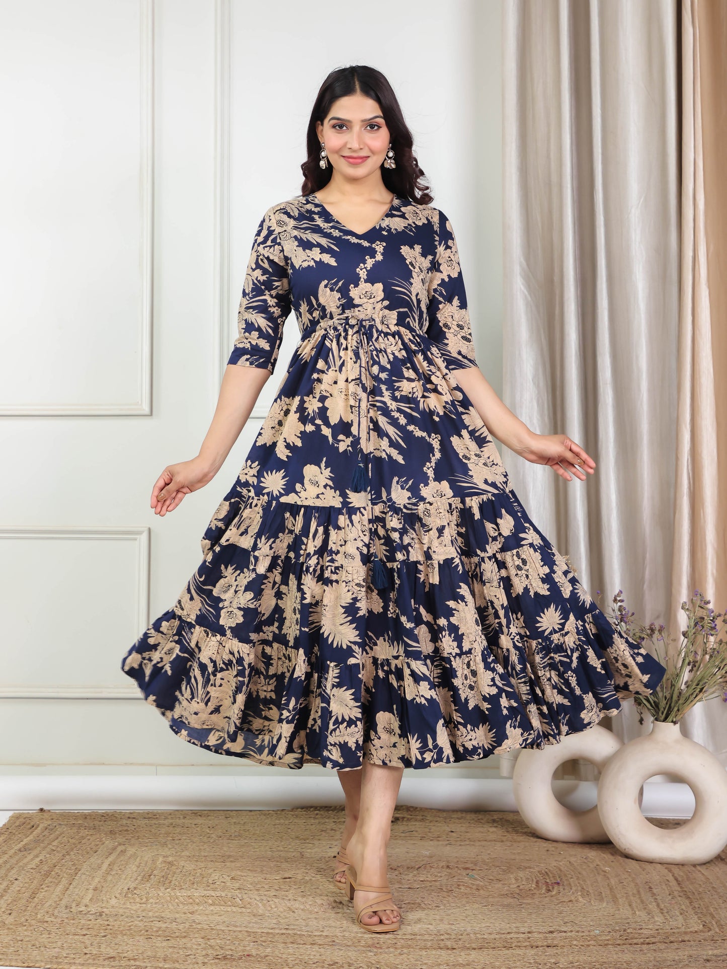 Soft Cotton Floral A-line Blue Dress