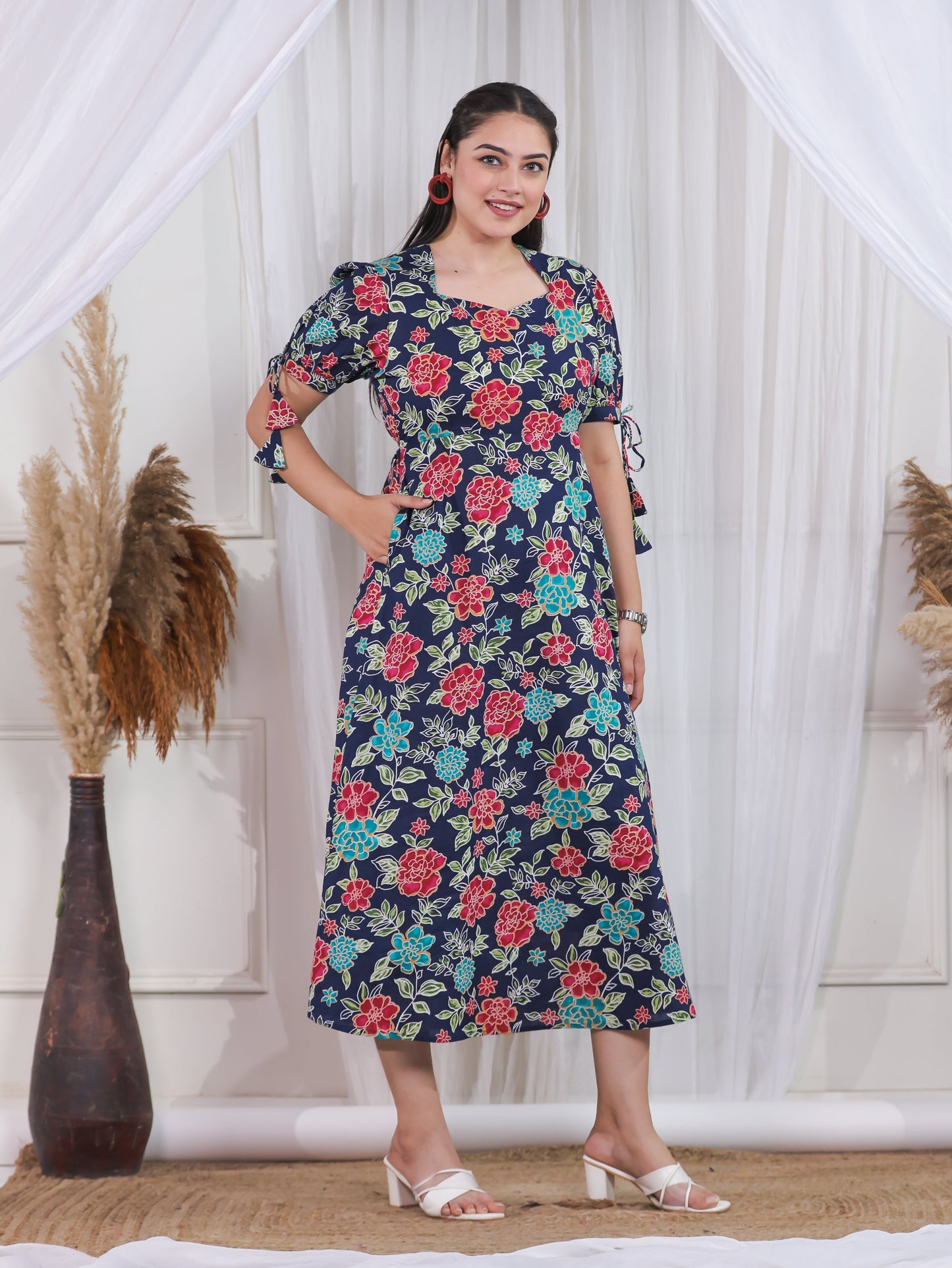 Soft Cotton Floral Flared Blue Dress
