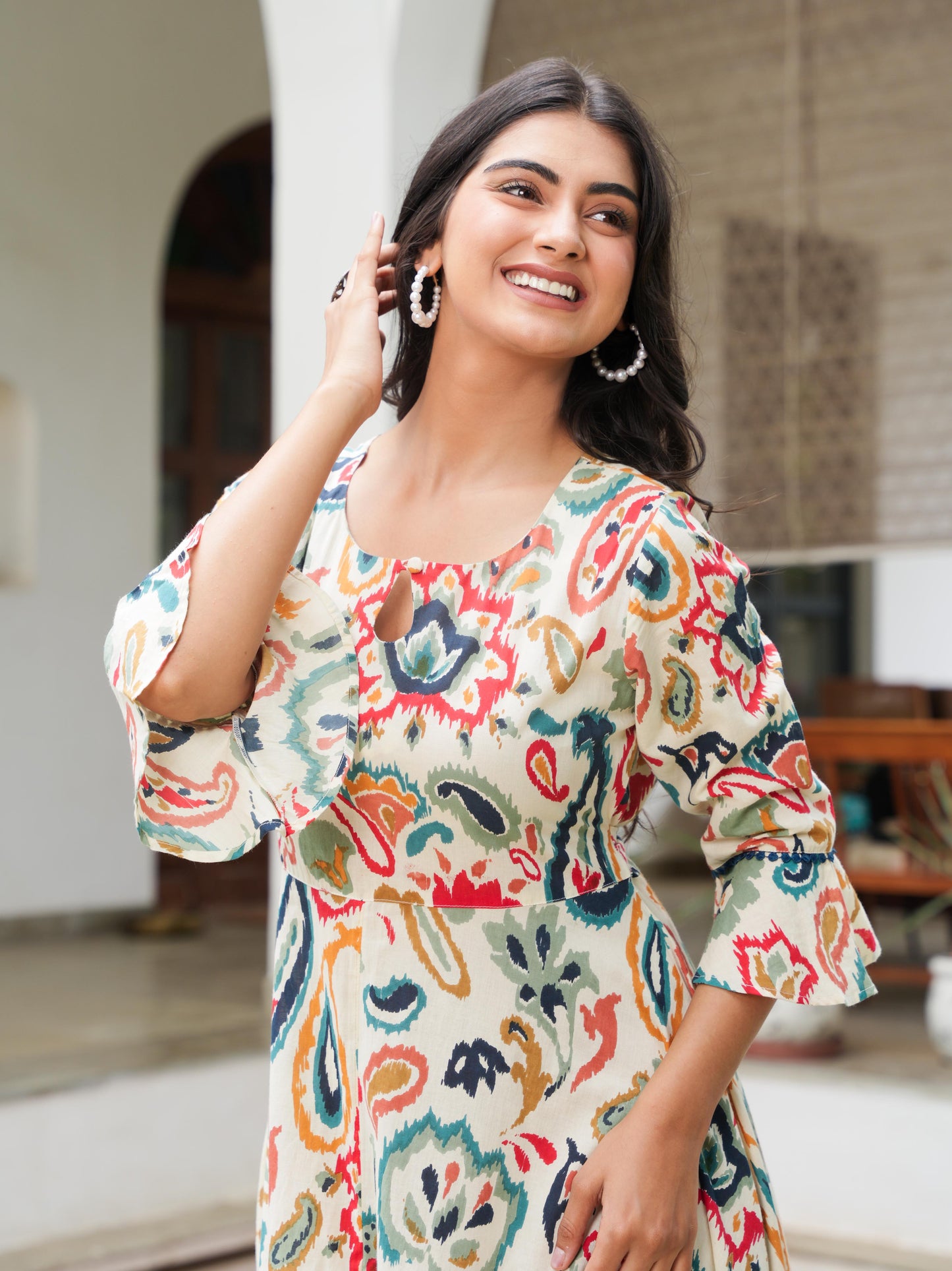 Soft Cotton Paisley Anarkali Off White Dress
